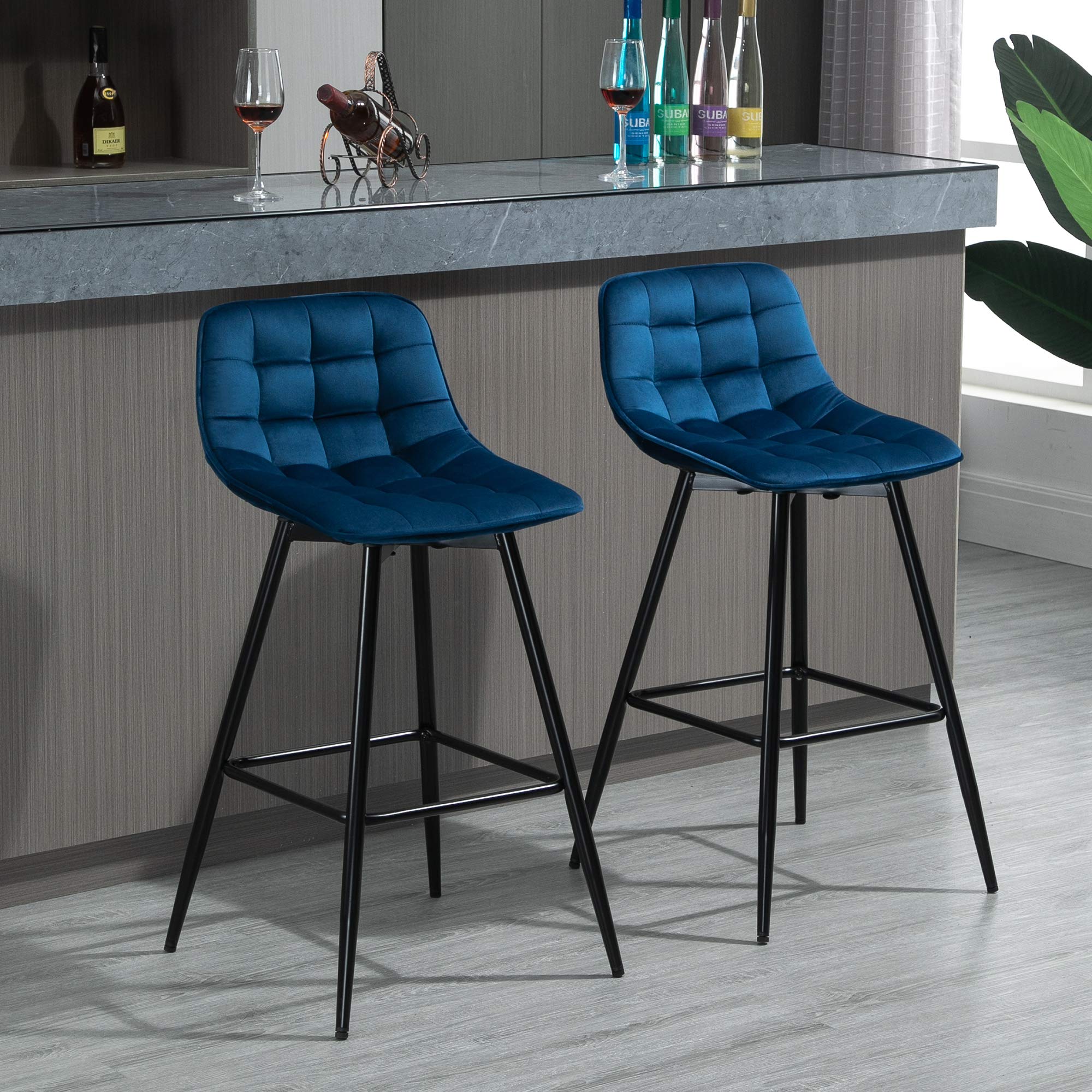 HOMCOM Set 2 Sgabelli Alti in Stile Nordico con Schienale e Poggiapiedi, Sgabelli con Schienale in Tessuto Effetto Velluto e Metallo, 45x47x88 cm, Blu