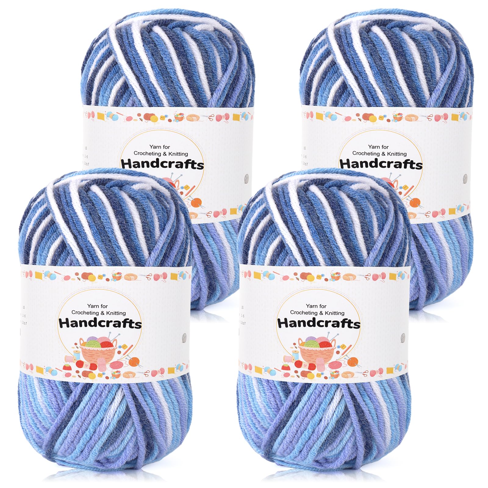 Aeelike 200g(4x50g) Häkelgarn Farbverlauf Baumwolle zum Stricken, Langlebige Amigurumi-Set Acryl Baumwollgarn, 5Ply Garn zum Häkeln für Socken, Mützen, Schals, Pullover, Puppen, Blau Weiß Blumen