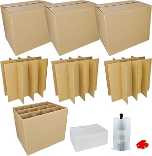 3 Sets Moving Boxes Packing Boxes Divider Kits,16 x 12 x 13 Inch Glassware Dish Packing Box Kitchen Moving Box Corrugate Dividers with 36 Pcs Foam Pouches,1 Pcs Tape Rolls with Dispenser