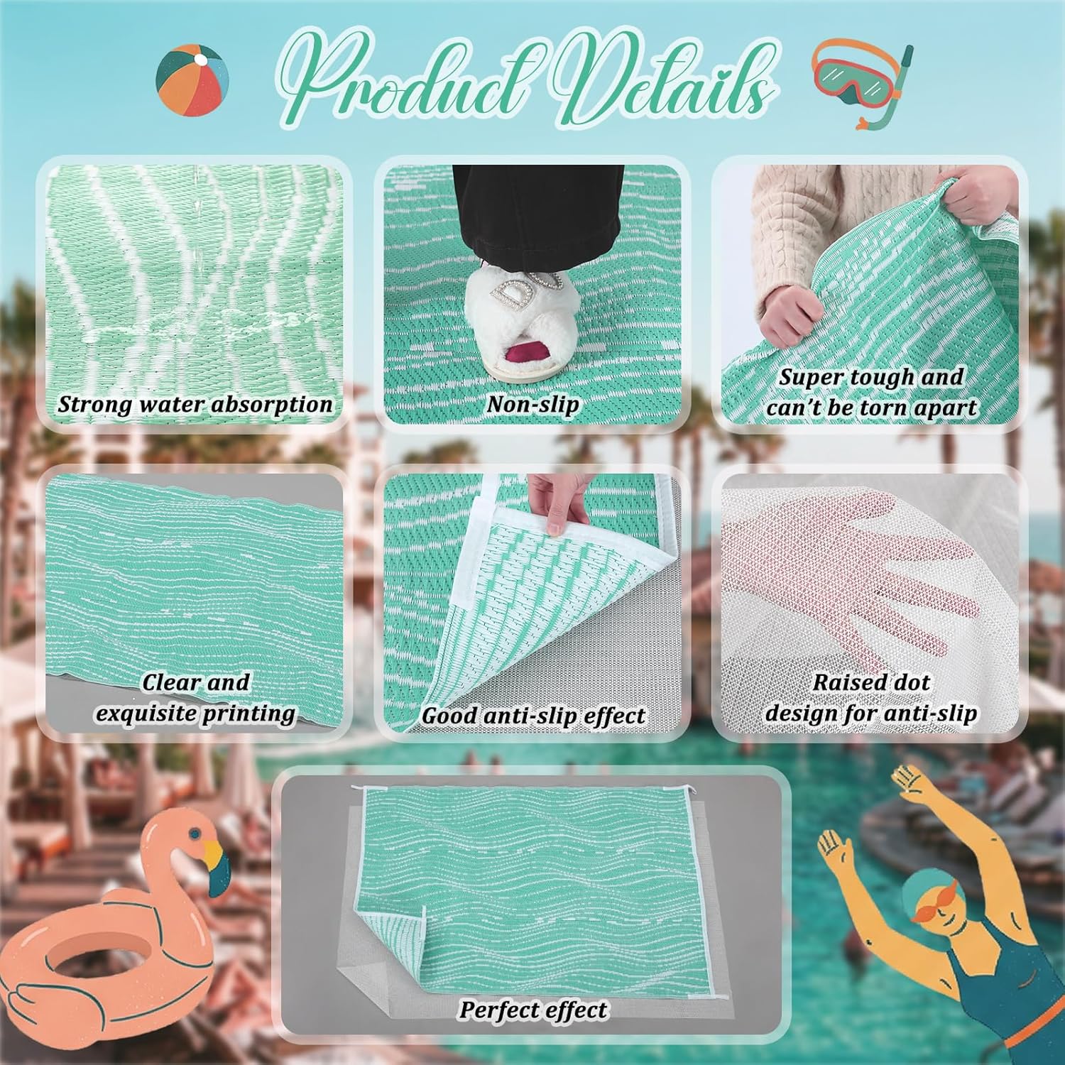 Tinideya 4 x 6 ft Pool Mats for Deck Pool Rugs Outdoor Waterproof Non Slip Outdoor Deck Rug with Non Slip Pad for Patio and Poolside