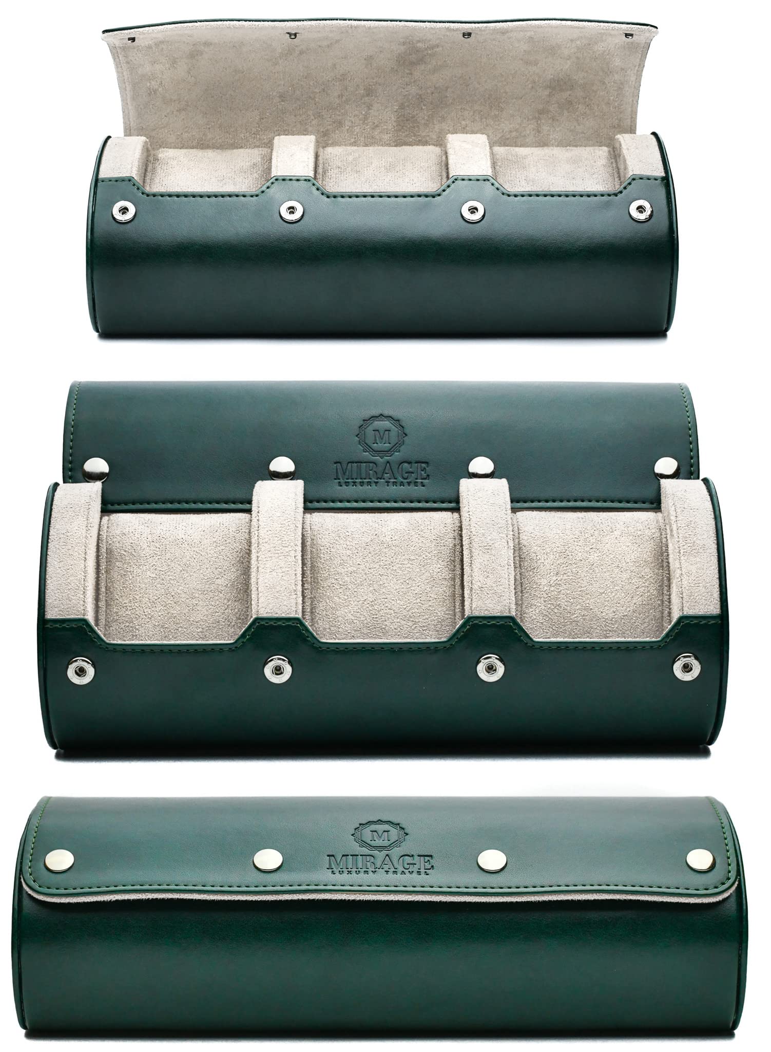 M Mirage Luxury TravelGreen/Ivory - 3 Watch Roll - Watch Case for Men - Storage and Display Case - Midnight Blue/Ivory - Mirage Watch Rolls, Royal Green/Beige 3-watch case