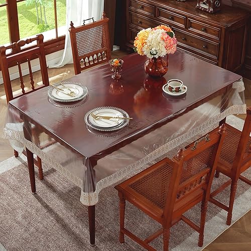 Runqiju Clear Table Cover Protector Rectangle Waterproof Vinyl PVC Tablecloth wi