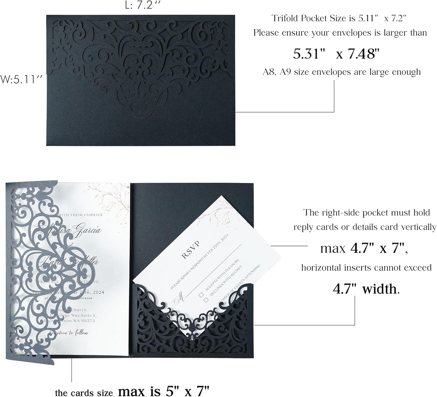 ponatia 20PCS Black Laser Cut Wedding Invitations Pockets, Tri-fold 5x7 Laser Cut Invitation Pockets for Wedding Bridal Shower Quinceanera 15 Anos Invite (No Envelopes & Inner Sheets)
