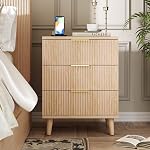 Nightstand 20 inch Fluted Modern Night Stand with Charging Station, Wooden Side Table with 3 Large Storage Drawers Modern Wood Bedside End Table for Bedroom Living Room Sofa Office