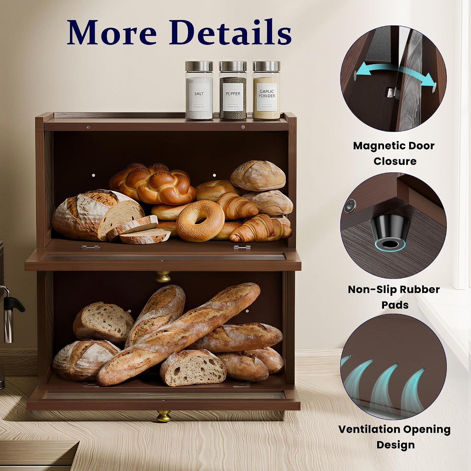 Stackable Bread Box for Kitchen Countertop, 2 Tier bamboo Bread Storage Container Holder Bin for Baked Goods Snacks Farmhouse Breadbox with Acrylic Window for Pantry Cabinet Cupboard, Brown