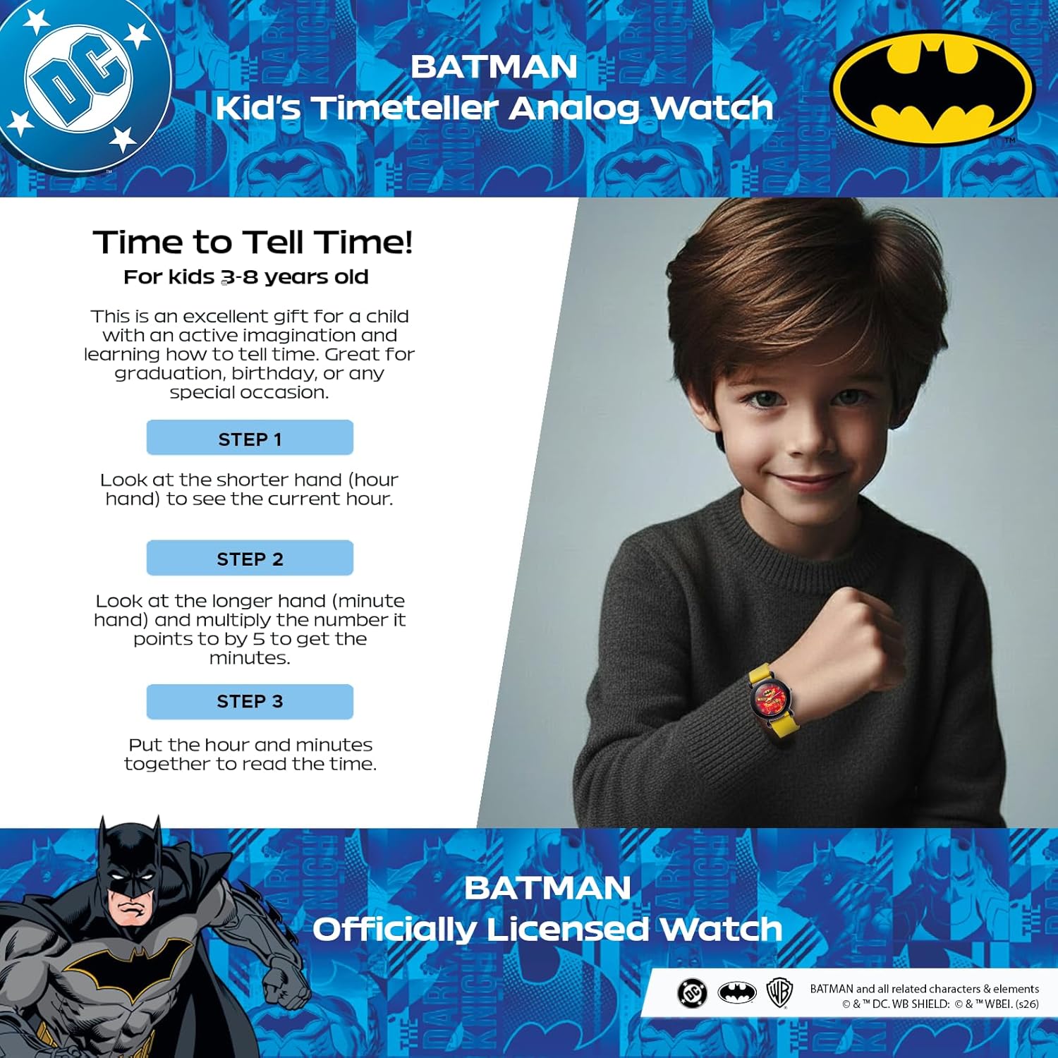 Warner Brothers DC Comics Batman Watch for Kids Ages 4–7 – Featuring Luminous Character Dial, Easy-Read Hour & Minute Hands – Batman and Robin Toys – Watches for Toddlers