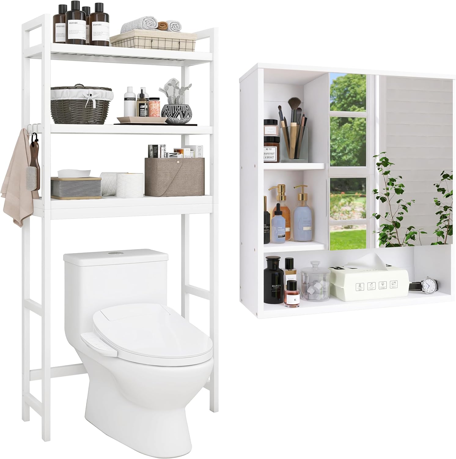 SMIBUY Bathroom Storage Shelf and Mirror Cabinet Wall Mounted, Freestanding Toilet Space Saver with 3-Tier Adjustable Shelves and Wall Hanging Over Toilet Storage Cabinet with Mirror Door (White)