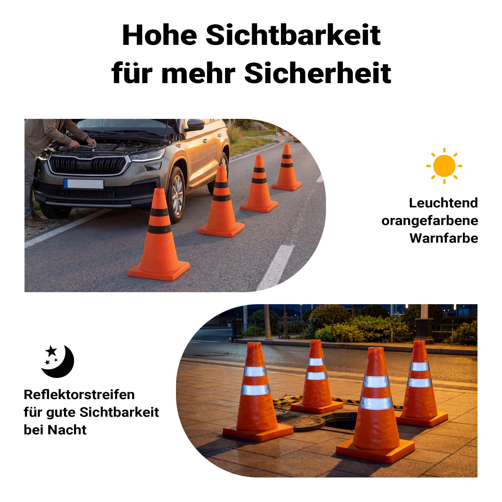 Wiltec 4x klappbarer Verkehrskegel 45 cm, Leitkegel zum Absichern, Pylone mit reflektierenden Streifen, Warnkegel inkl. Tasche