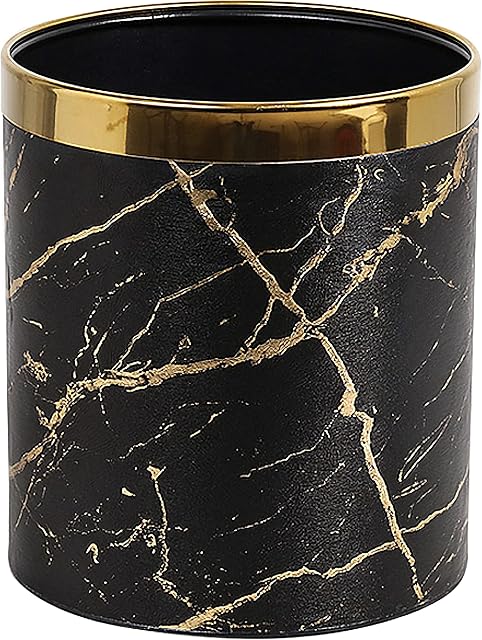 Leather Trash Bin Waste Paper Bin,Metal Rubbish Bin 10 liters Recycling Waste Bin for Bathroom,Living Room,Kitchen,Office and High Class Hotel(Black gold Marble)