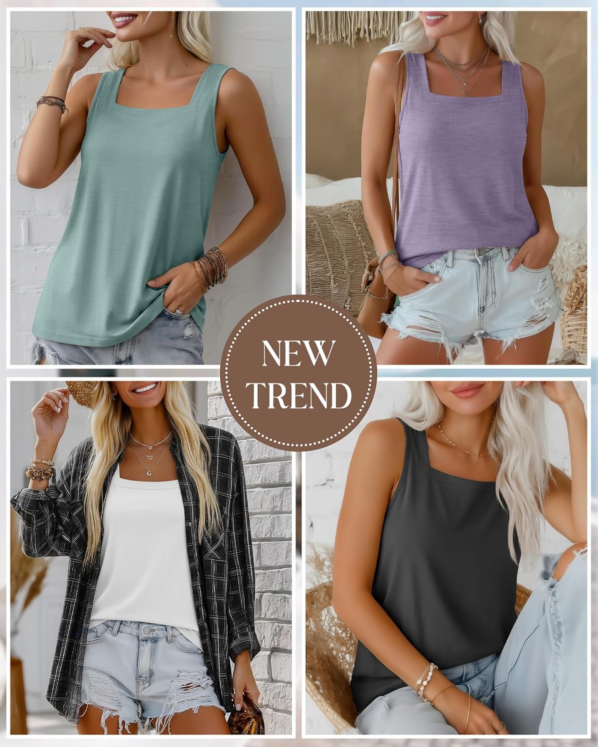 Riyiper 4 Pack Summer Women's Tank Tops Multipack Sleeveless Shirts Loose Fit Square Neck Tanks - Image 3