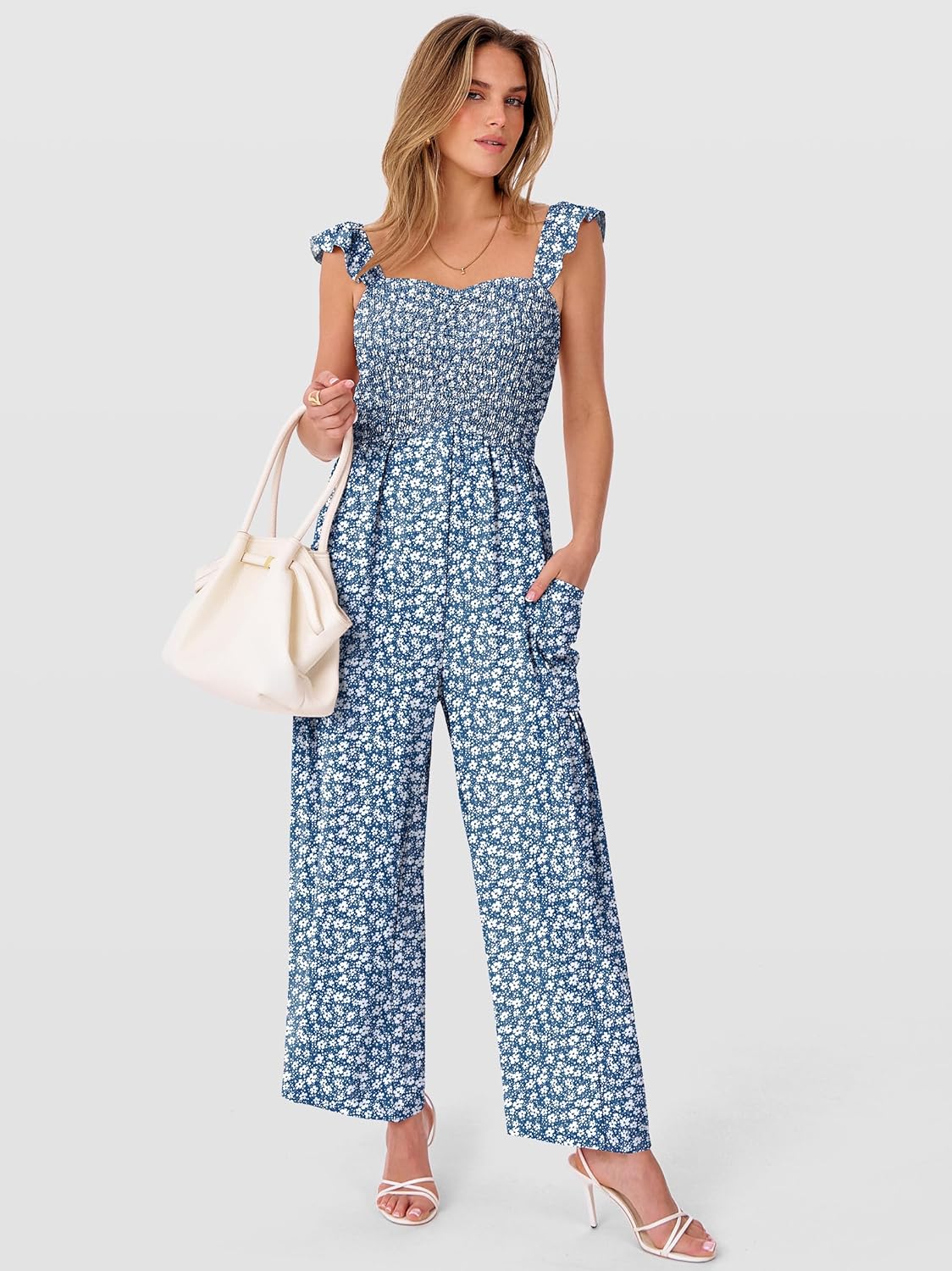 ANRABESS Jumpsuits for Women Dressy One Piece Summer Outfits Wide Leg Sleeveless Smocked Romper Jumpers Casual Beach Overalls - Image 3