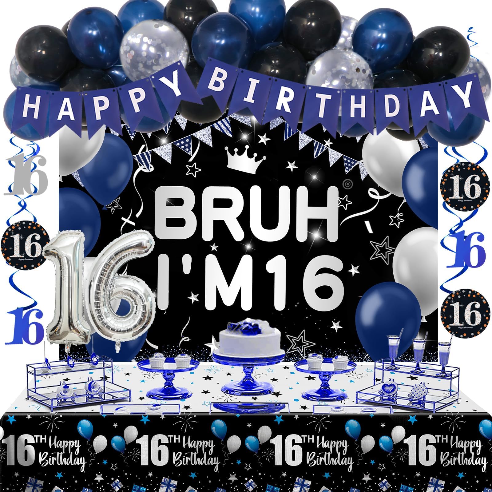 16th Birthday Decorations, 16th Birthday Decorations Boy Girl Bruh I'M 16 Backdrop Happy 16th Birthday Banner Tablecloth 16th Birthday Balloons Teenager Birthday Decorations Hanging Swirls Supplies