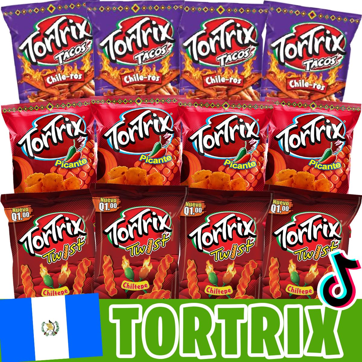 Charloo Tortrix Guatemala Spicy + FREE Surprise! - Tortrix de Guatemala Picantes Tortrix Chiltepe de Guatemala Tortrix Tacos Chile-ros de Guatemala Tortrix Picantes - International Tortilla Chips 12 Pcs