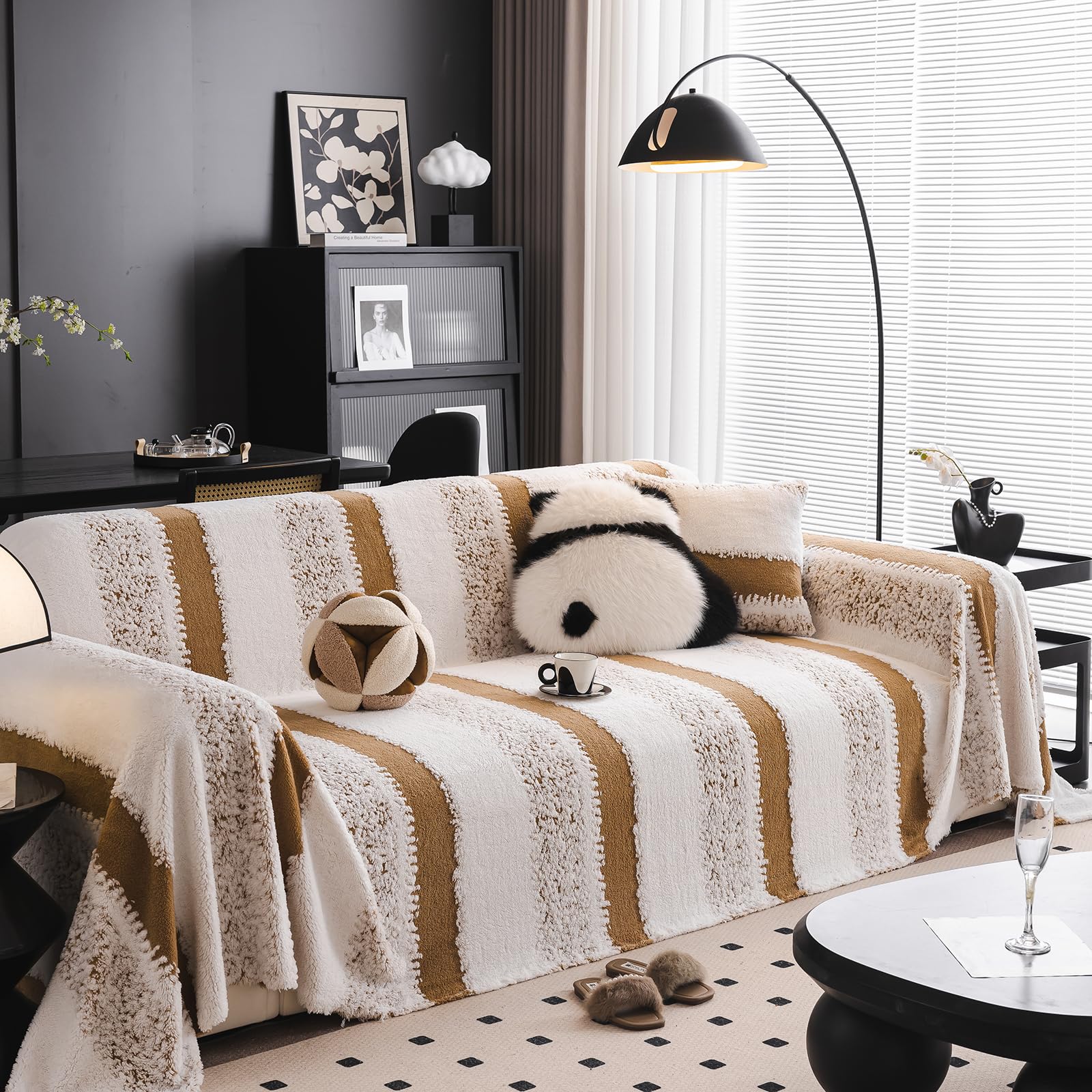 SHANNA Stripe Sofa Cover for 2 3 4 Seater, Cotton Blend Velvet Slipcover for Corner L Shaped Sofa, All-Season Protection Couch Cover, Furniture Protector Loveseat Futon Bed Cover with Non-slip Bottom — image 1