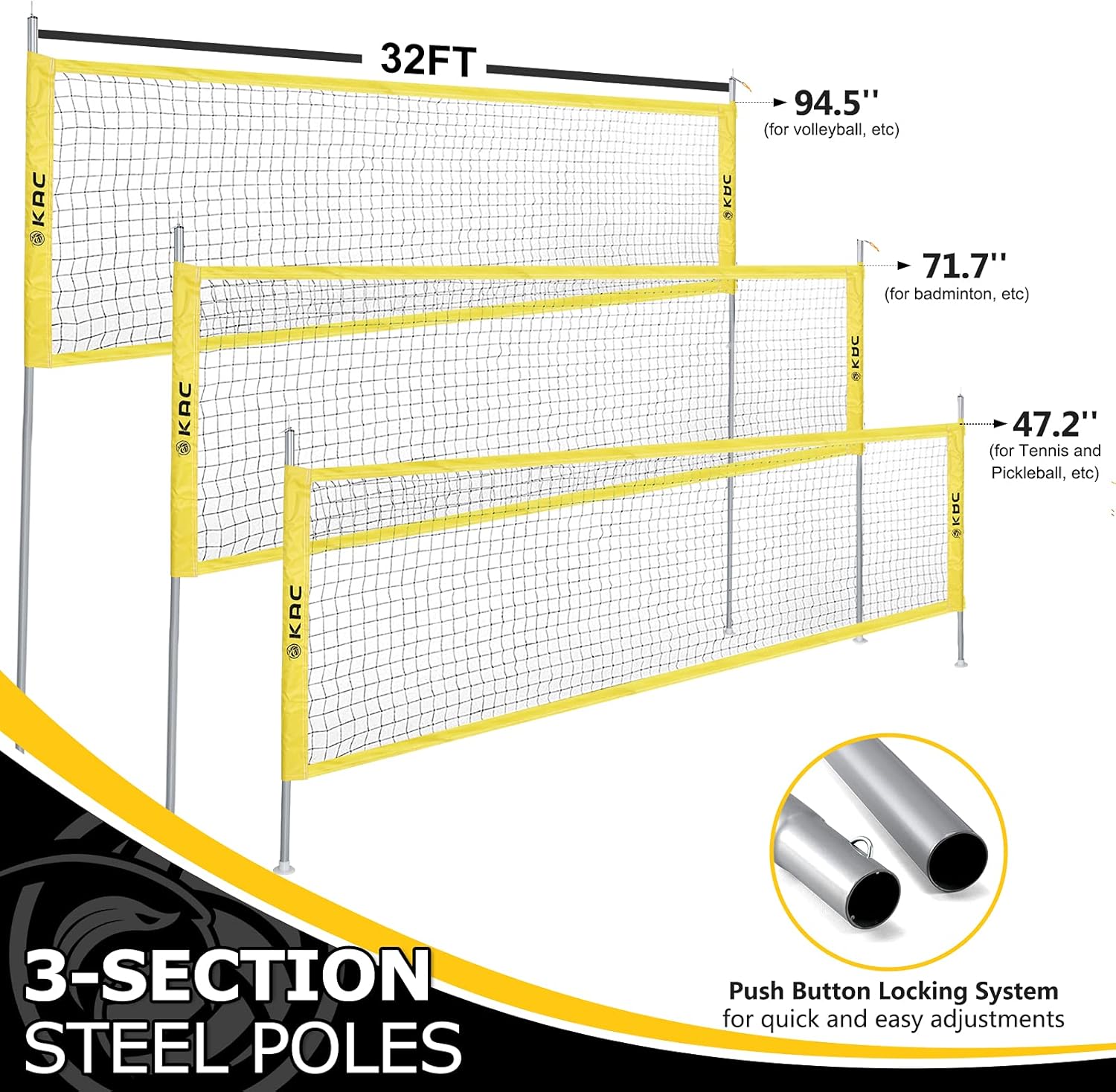 KAC Portable Volleyball Sets, Outdoor Volleyball Net System for Outdoor Beach Backyard, FIVB Nets Standard with Height Adjustable Aluminum Poles : Sports & Outdoors