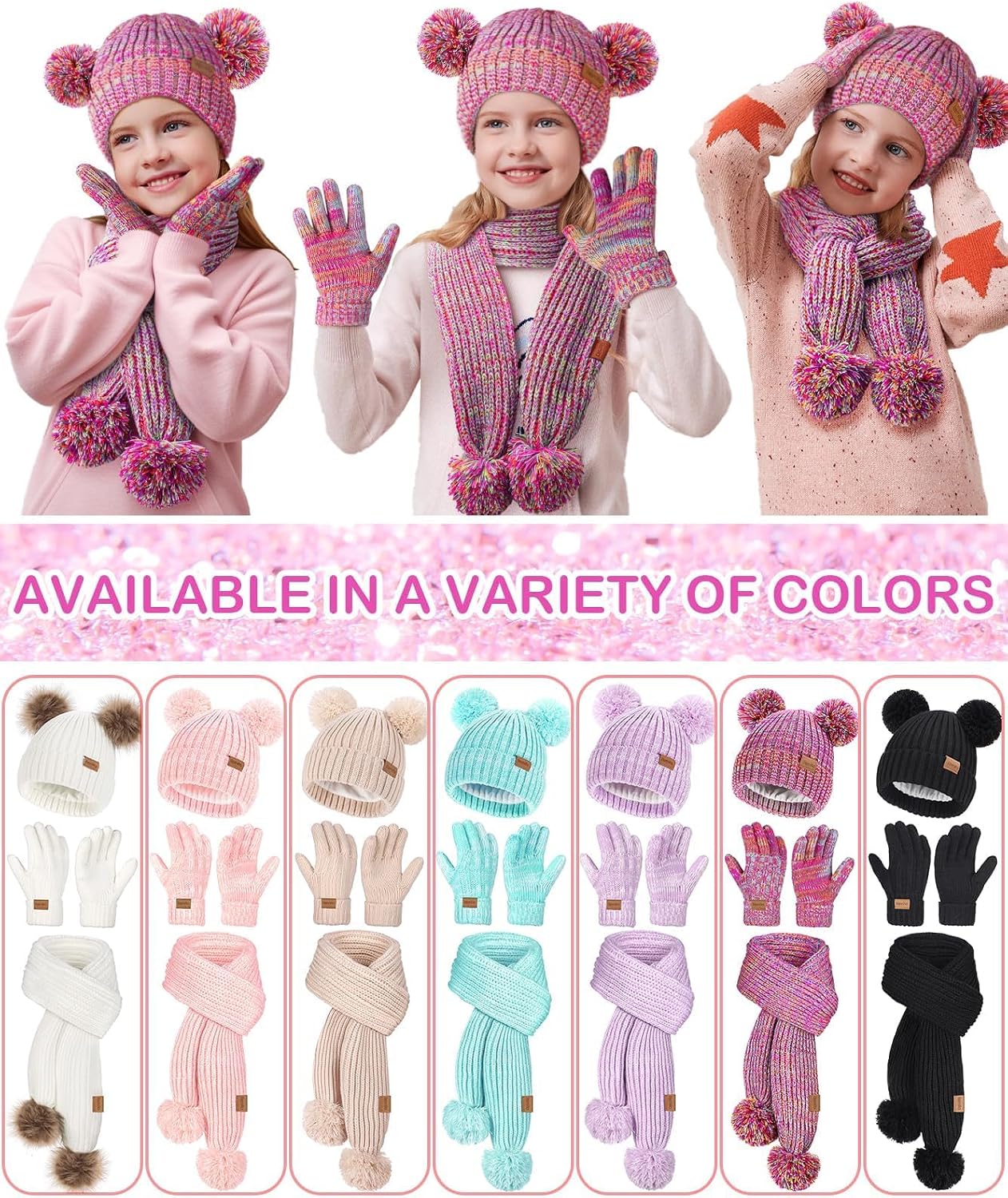 Remifa Kids Winter Hat Gloves Scarf Set, Toddler Girls Boy Fleece Lined PomPom Beanie Hat Kint Neck Long Scarf Warm Mittens