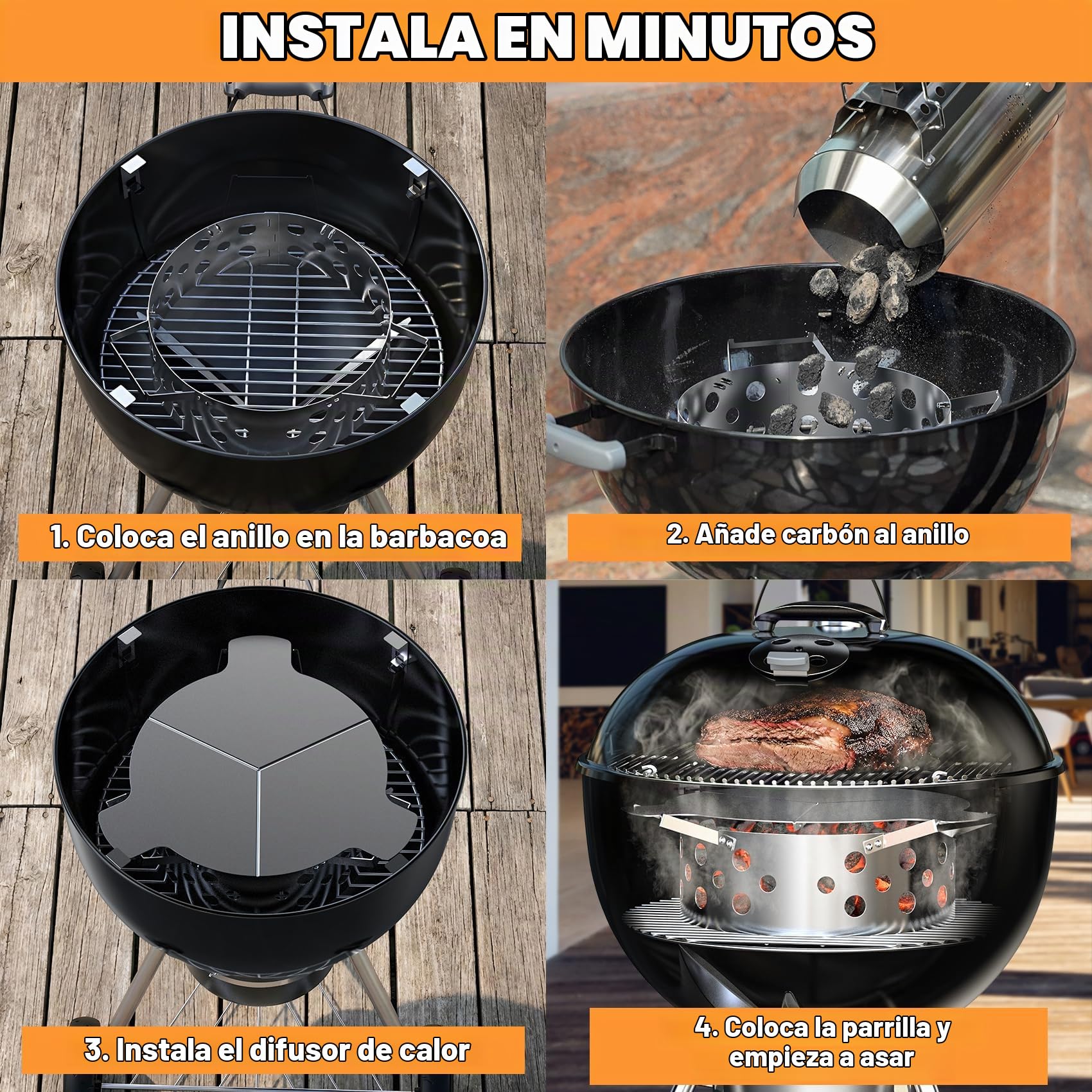 Onlyfire Smoker Barbacoa Kit de Acero Inoxidable para Kettle Grill da 57CM, Accesorio para Barbacoa, Grill Fumador Caja para Fumadores Con Cuatro Soportes de Elevación de Red para Hornear