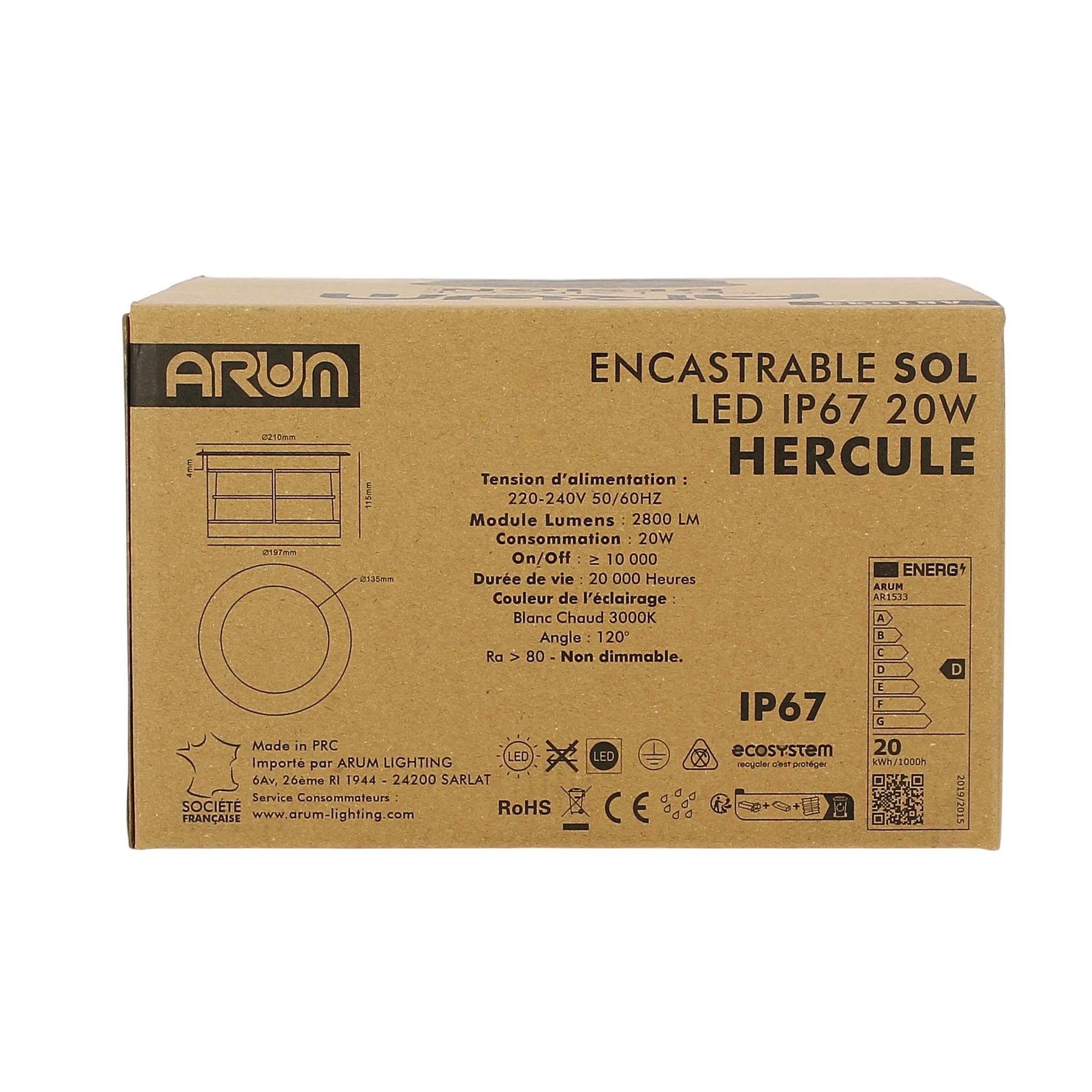 Arum LIGHTING - Spot Encastrable de Sol Extérieur HERCULE, LED COB 20W (2800 Lm), Blanc Chaud 3000K, Étanche IP67, Projecteur Puissant pour Terrasse, Arbre et Façade, Ø 20cm