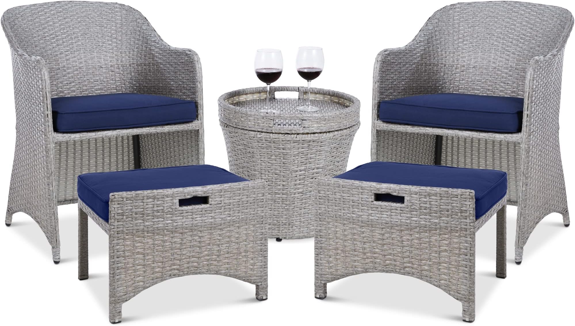 Best Choice Products 5-Piece Outdoor Patio Furniture Set, No Assembly Required Wicker Conversation Bistro & Storage Table for Backyard, Porch, Balcony w/Space-Saving Design - Gray/Navy
