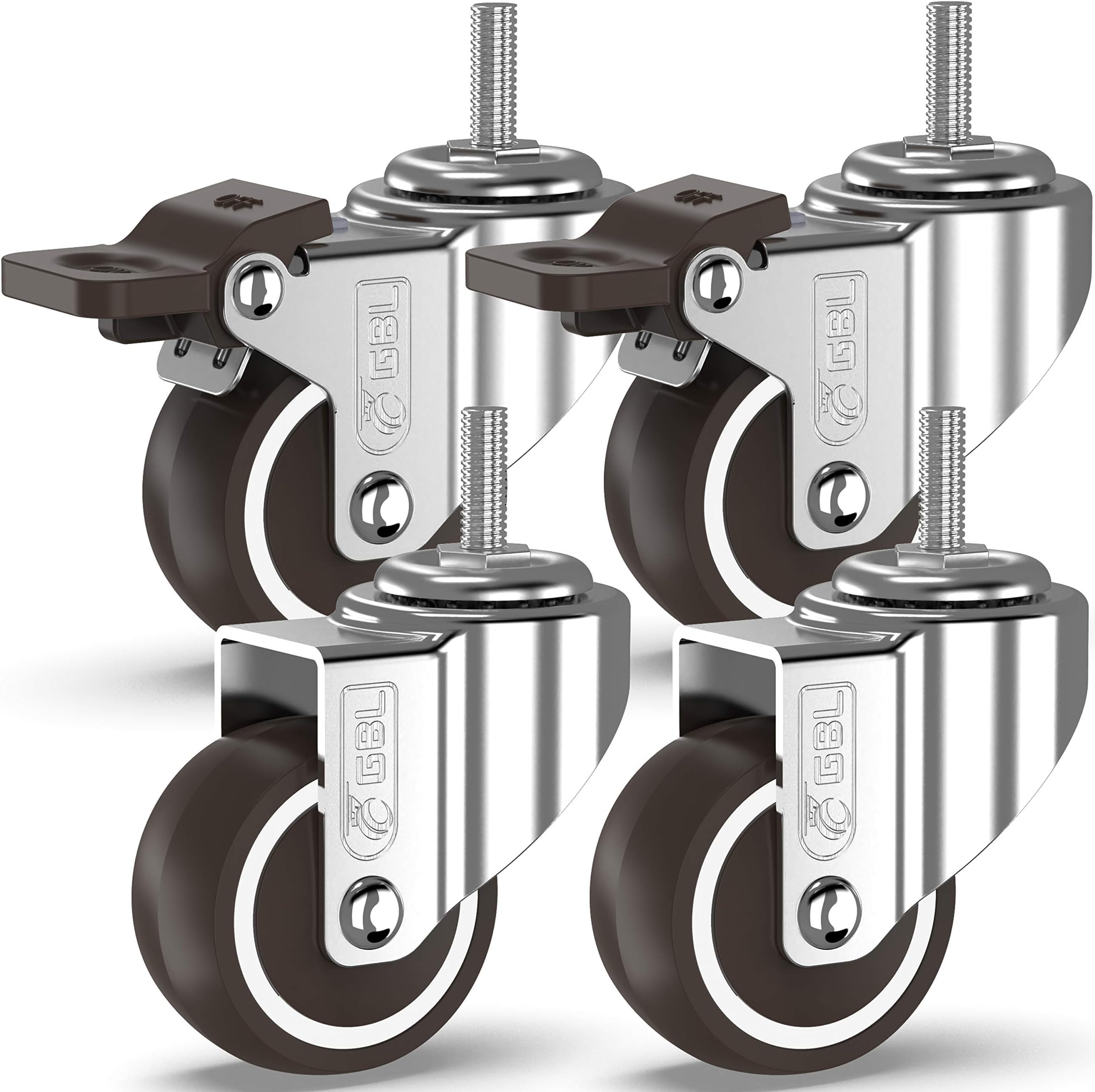โ GBL Heavy Duty Furniture Wheels with 2 Brakes + Screws - M10 50 x 25mm up to 200KG - Pack of 4 No Floor Marks Silent Caster for Furniture - Rubbered Trolley Wheels - Silver Castors