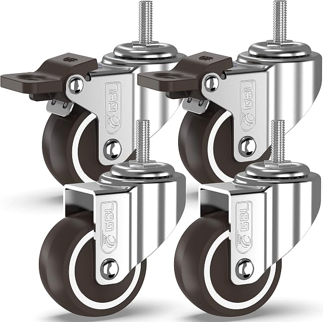 GBL Heavy Duty Furniture Wheels with 2 Brakes + Screws - 50mm M10x25mm up to 200KG - Pack of 4 No Floor Marks Silent Caster for Furniture - Rubbered Trolley Wheels - Silver Castors