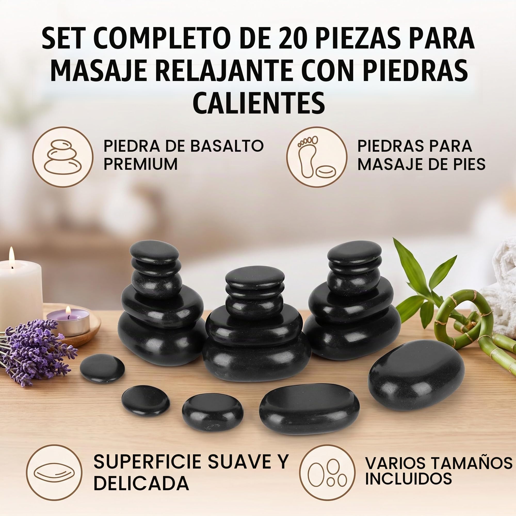 Kit de Masaje con Piedras calientes, 20 Piedras de Masaje de Basalto Piedra de Base caliente, Masajeador de Piedra caliente, para Spas Terapia de Masaje Relajación