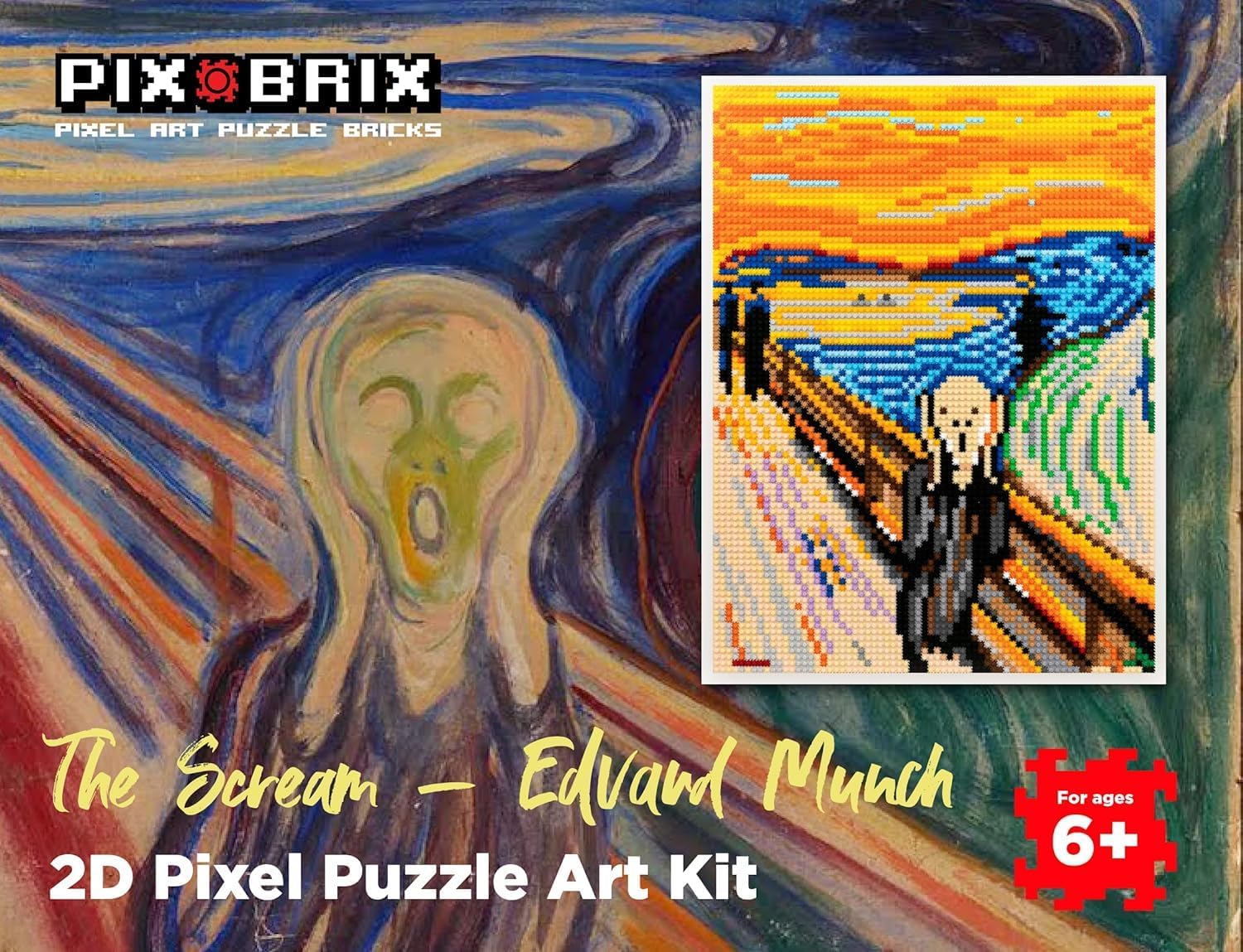 Pix Brix Pixel Art Puzzle Bricks - Pixel Puzzle of The Scream by Edvard Munch, 6,510 Pieces - Patented Colorful Slide + Stack Building Bricks to Recreate This Famous Painting, Builds Without Glue