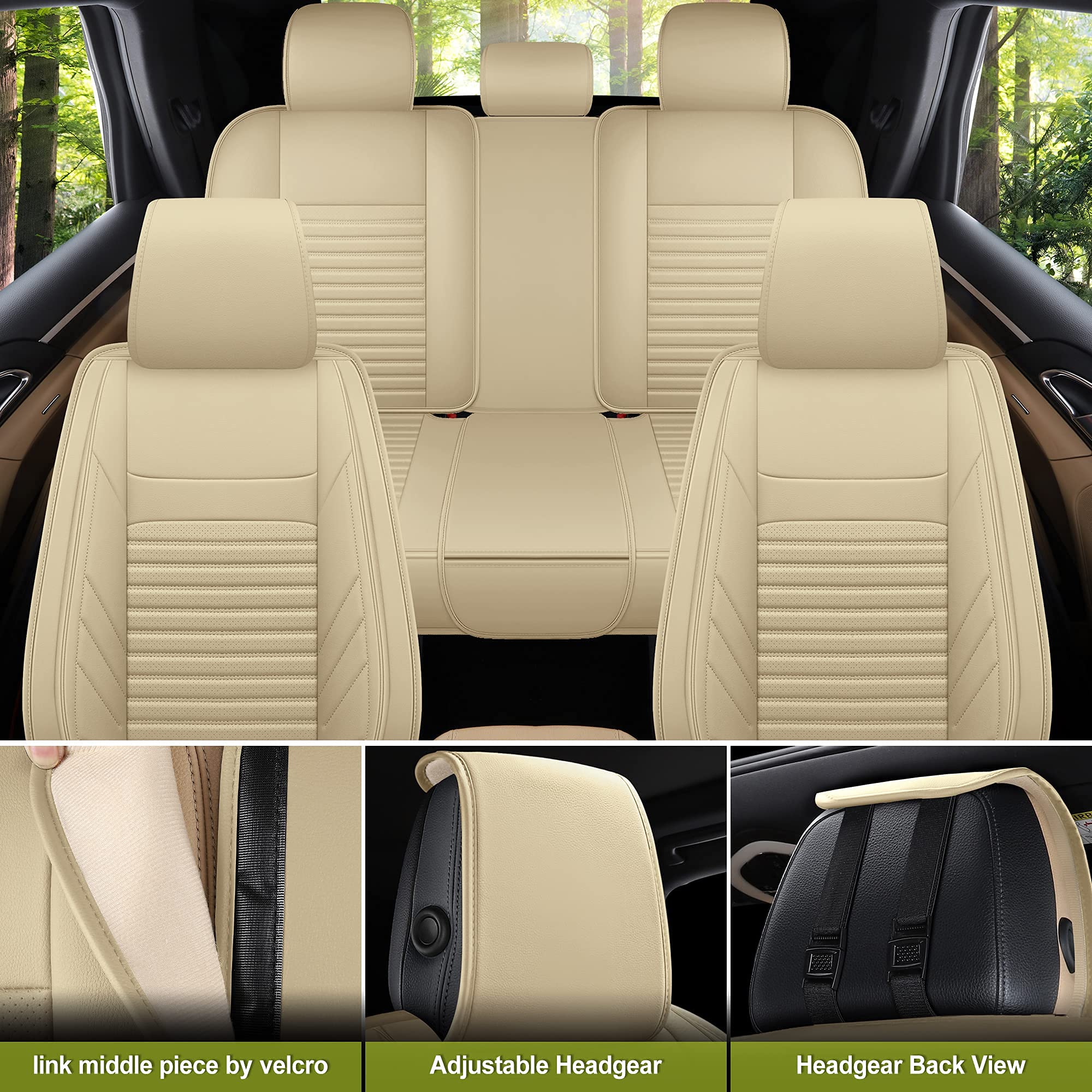 AOOG Leather Car Seat Covers, Leatherette Automotive Seat Covers for Cars SUV Pick-up Truck, Non-Slip Vehicle Car Seat Covers Universal Fit Set for Auto Interior Accessories, Full Set, Beige
