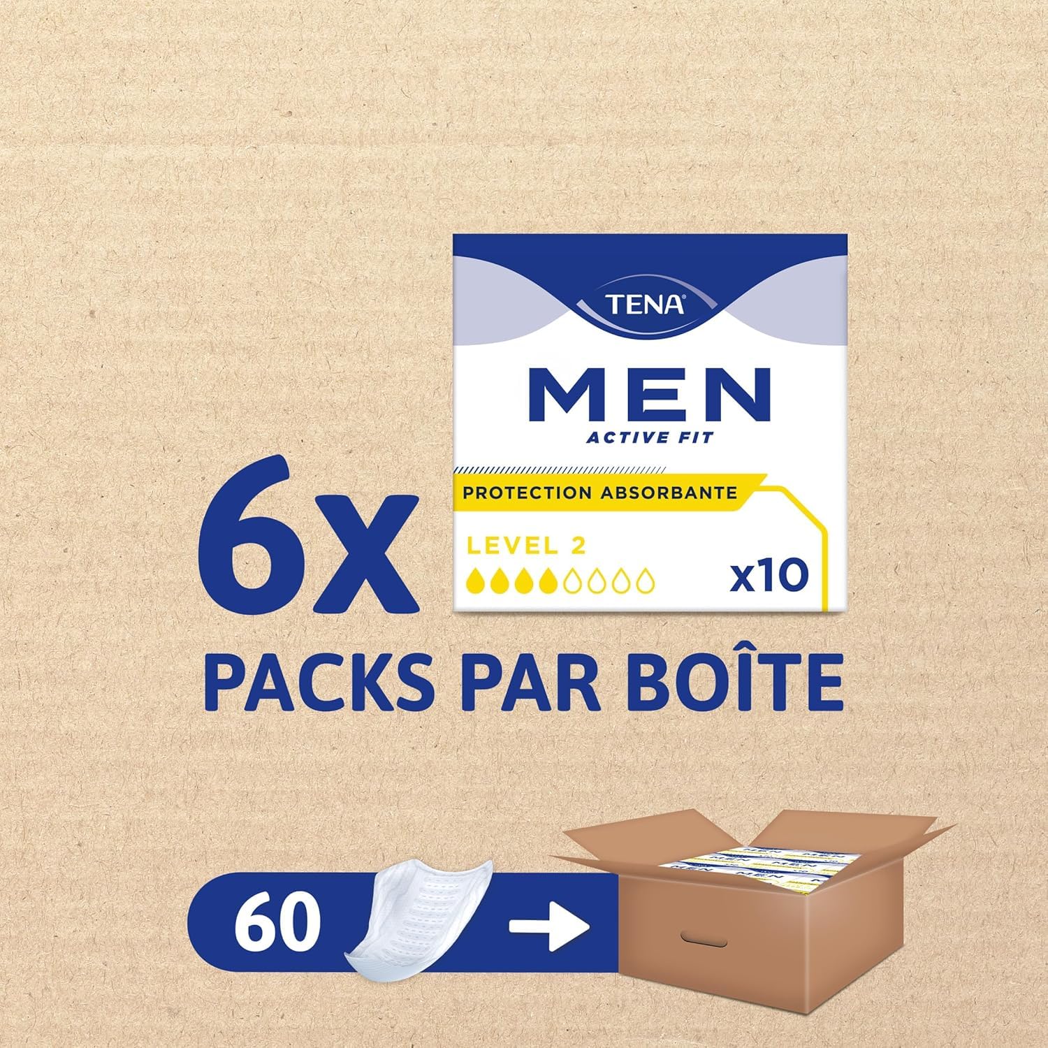 TENA Men Protections Absorbantes Niveau 2 Incontinence Homme - Pour Fuites Urinaires Modérées, Sans parfum, Blanc, 60 Protections (Pack 1 mois) (L'emballage peut varier)