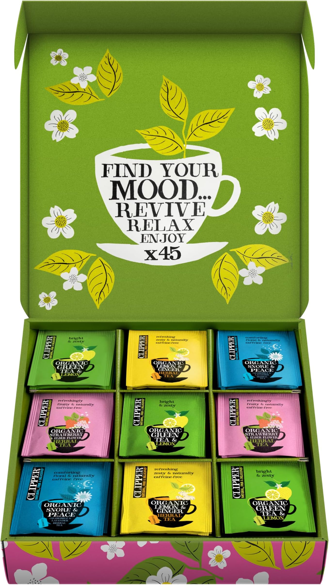 Clipper Tea: Organic Herbal & Green Tea Set, Gift Box – Tea Selection & Sampler with 5 Flavors Including Lemon, Ginger, and Bedtime Teas – Assorted Tea Bags in Colorful Tea Box, 45 Unbleached Tea Bags