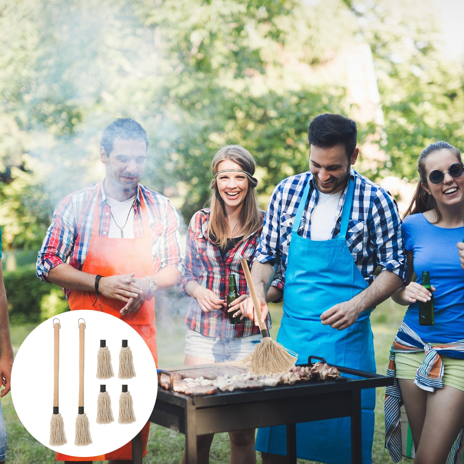 Garneck 8 Stück Grillpinsel mit Baumwollgarn 6 Ölköpfen und 2 Holzgriffen Praktisches Grillzubehör für Einfaches Auftragen Beim Barbecue und Grillen