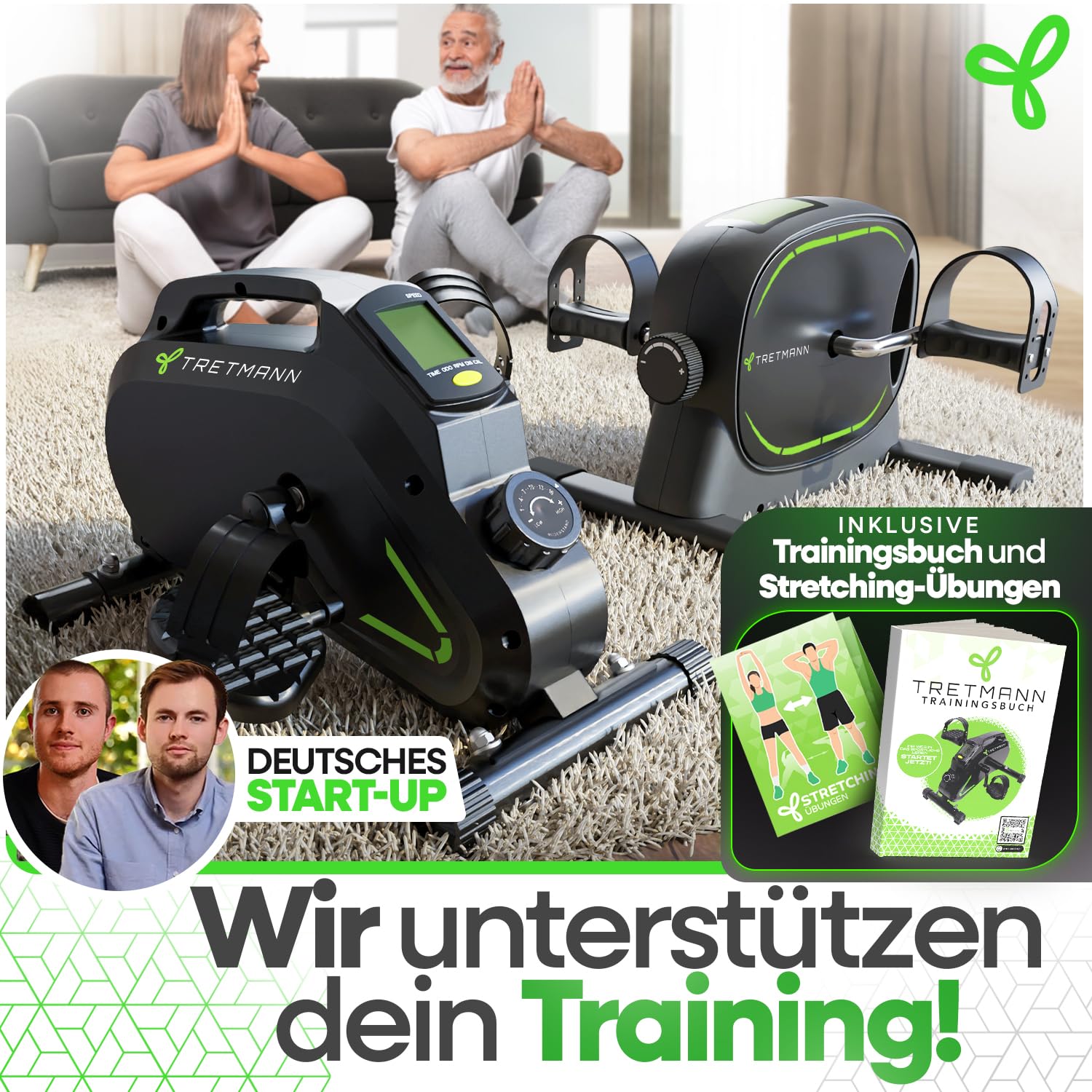 Tretmann Pedaltrainer Pro Set [Das Orginal] extra Leise & gelenkschonend + Anti-Rutsch-Matte & Befestigungsband -DEKRA Geprüft- Beintrainer für Senioren Heimtrainer senioren Mini Bike tischfahrrad