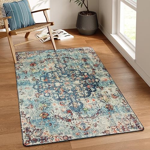 Miniatura 104 de Lahome Alfombra bohemia con medallón floral de 3 x 5 pies, suave, impresa, para baño, cocina, entrada, vestíbulo, vintage, antideslizante, lavable