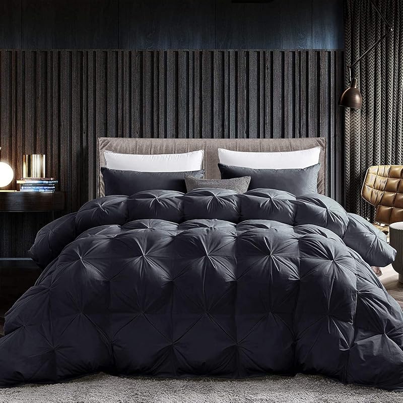 Luxurious Goose Down Feather Fiber Comforter, Exquisite Pinch Pleat Design, Oversize California King/Cal King Black 108 x 98, 100% Egyptian Cotton, 75 oz Fill Weight
