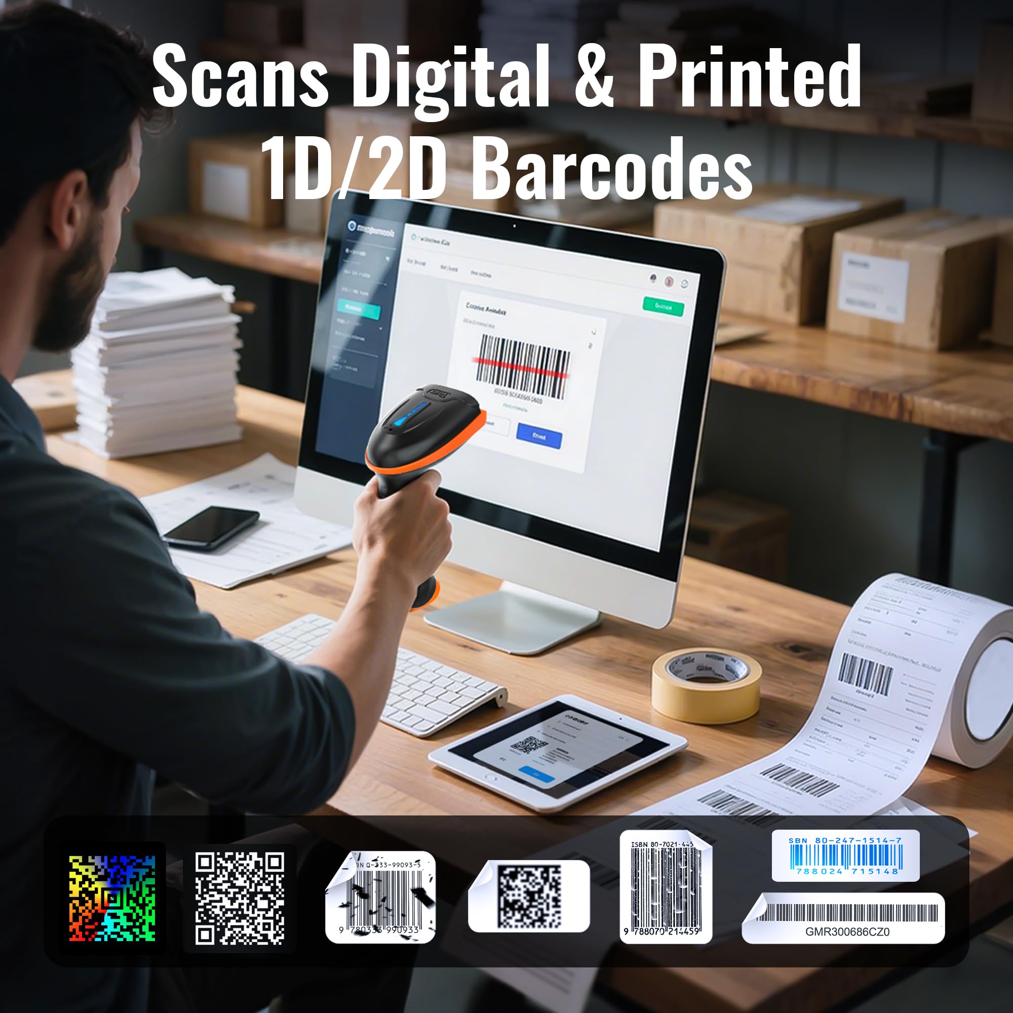 Tera Scanner de Codes-Barres sans Fil 2D 2,4 GHz et USB 2.0 Filaire 2D QR Scanner de Codes-Barres sans Fil CMOS Lecteur de Codes-Barres pour écran d'ordinateur de paiement Mobile Lecteur D5100-Z