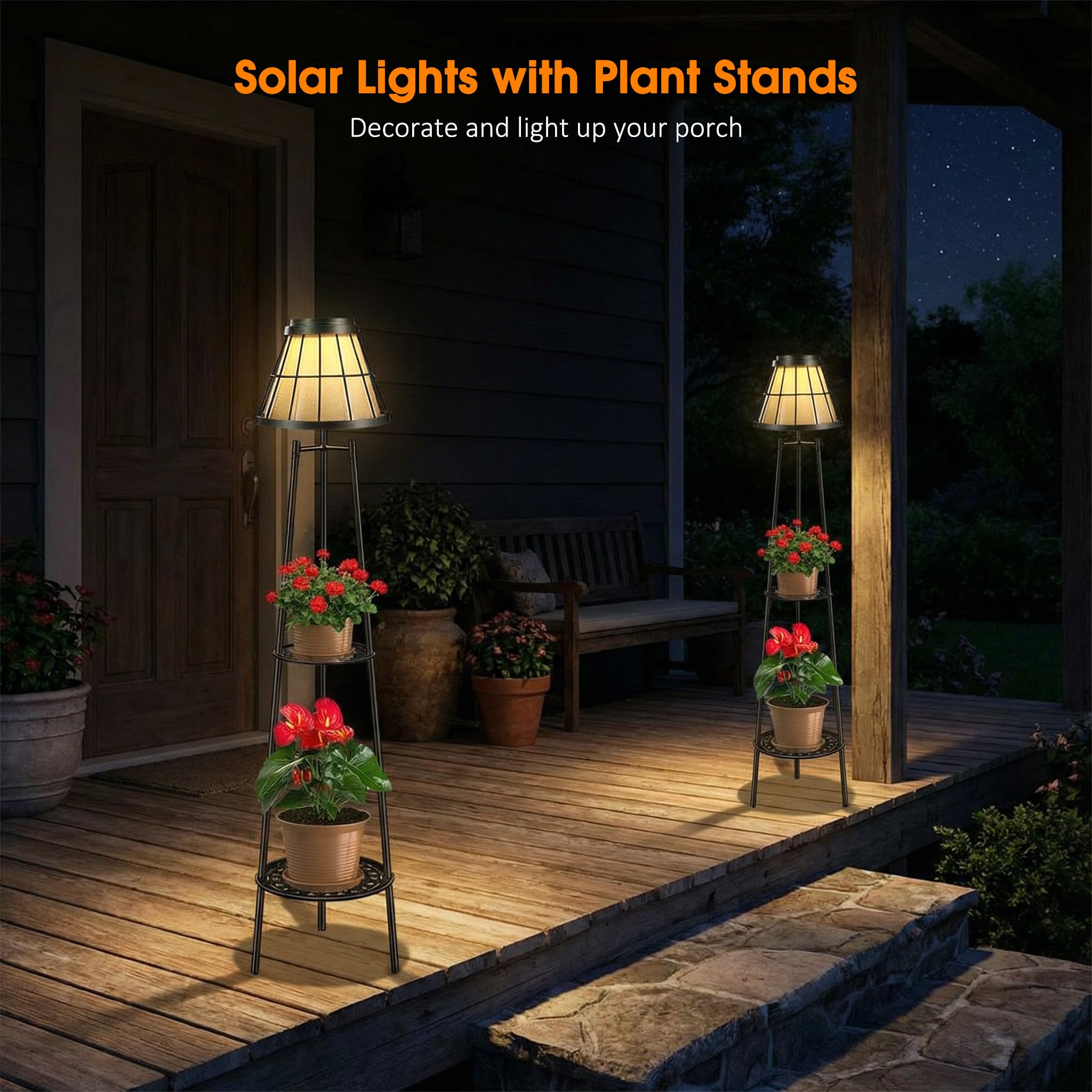 Paquete de 2 lámparas solares de pie de 45.5 pulgadas con soporte para plantas de 2 niveles, luces solares de metal impermeable para exteriores, estante de flores para patio, terraza, jardín, porche,