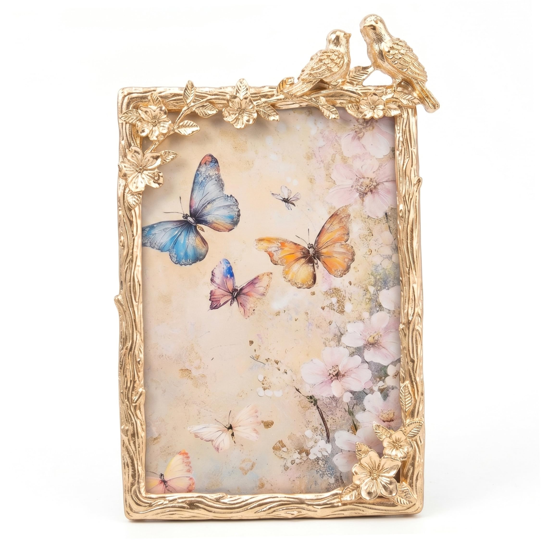Gemuseeee Gold Picture Frame Wedding Picture Frame With 3d Bird & Floral Details Fits 4x6 Photos Light Gold Outer 5.12x7.09 Inches