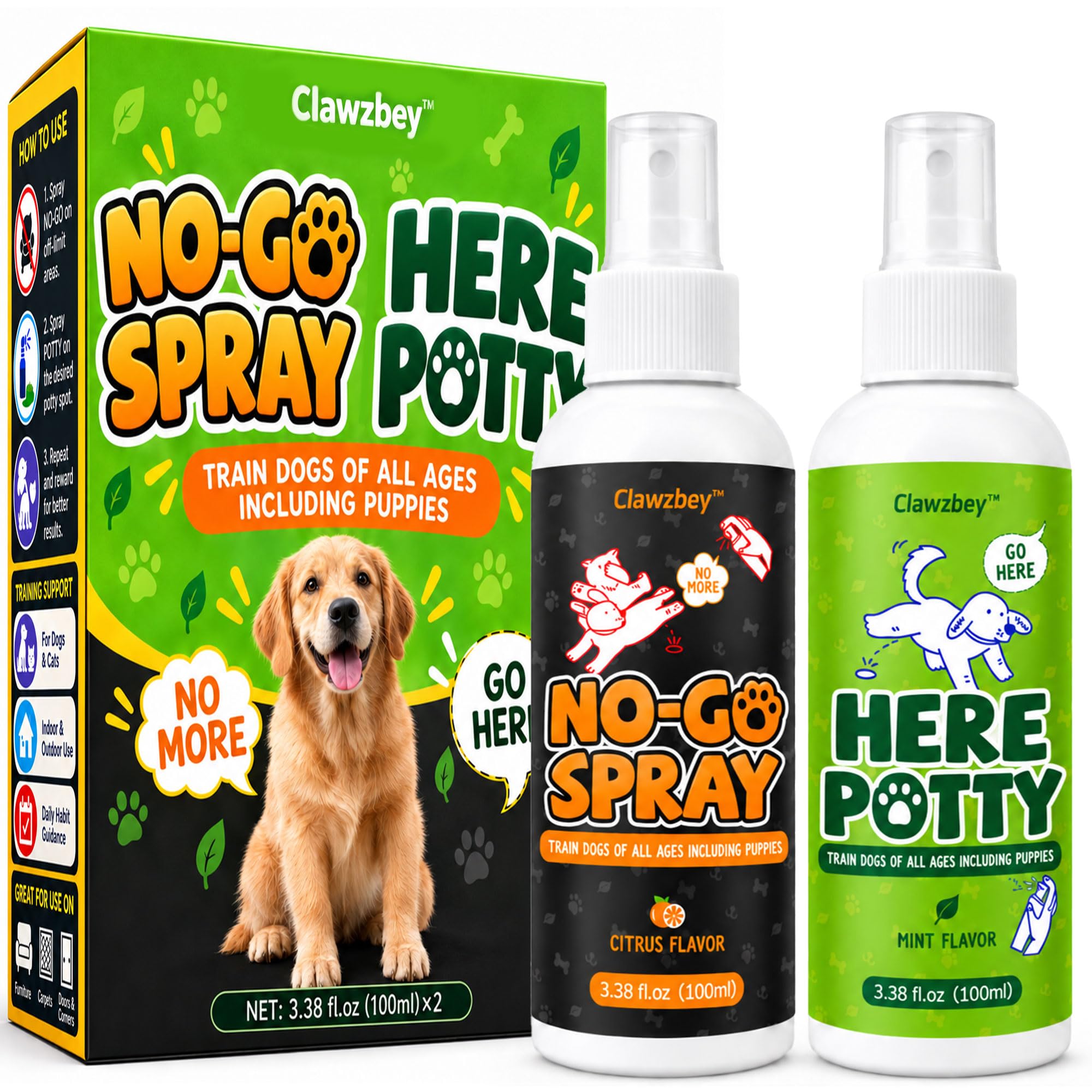 Dog Potty Training Spray Set, No-Go Spray &amp; Here Potty Training Spray, Puppy Essentials, Stops Urination &amp; Marking, Indoor and Outdoor Use (3.4 fl oz, 2 Pack)