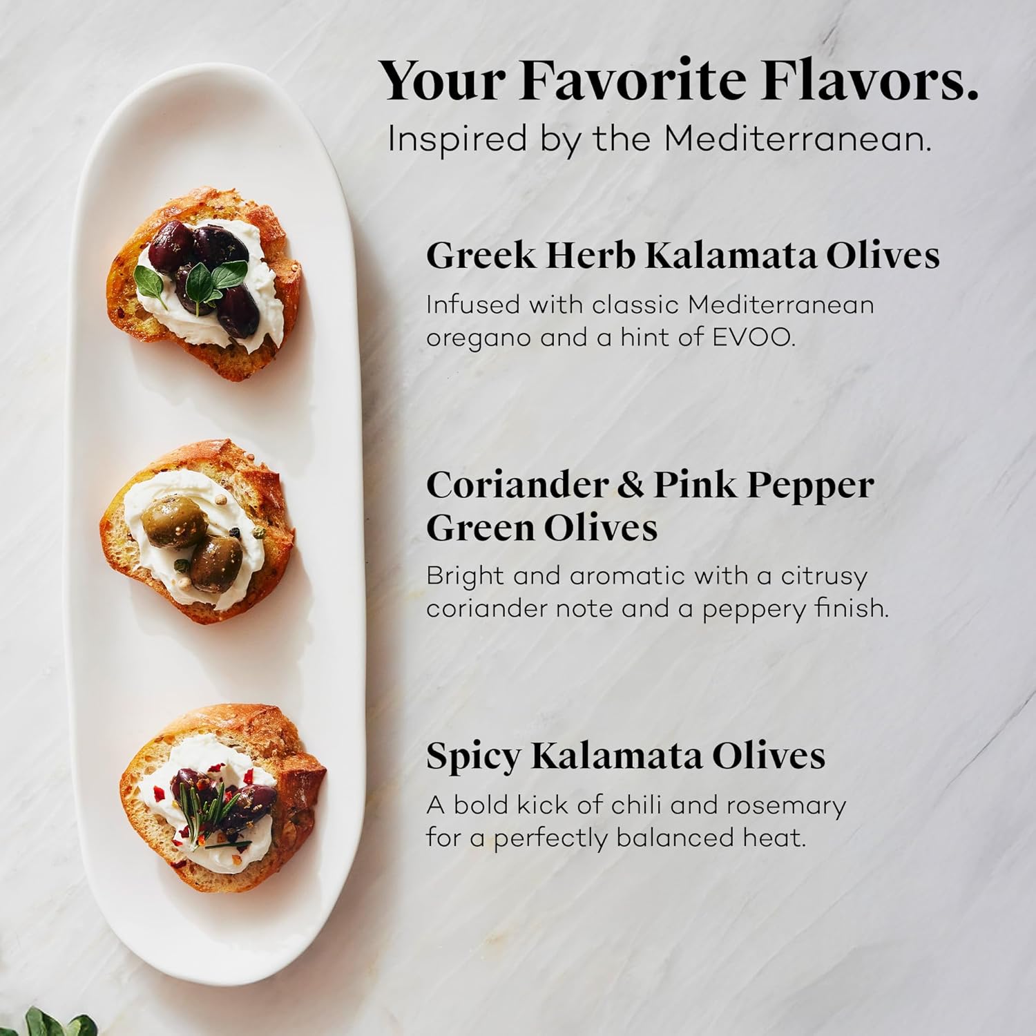 Kosterina Snacking Olives Trio | Greek Herb, Coriander & Pink Pepper & Spicy Flavor | Pitted and Dry-packed | Kalamata & Green Olives | 6.7oz (190g), 3 Pack