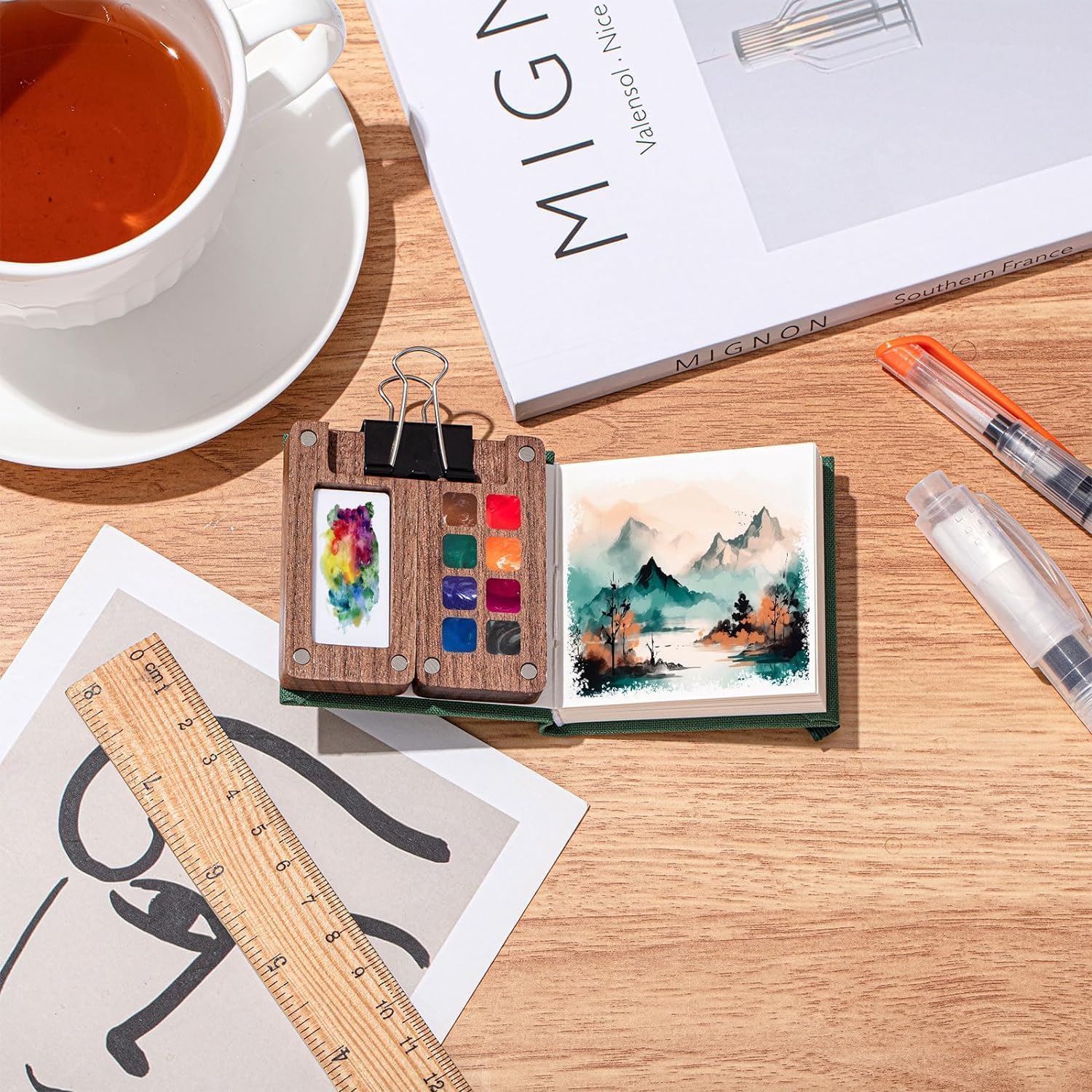 Mini Watercolor Paint Set Portable, Travel Grid Paint Palette Box with Binder Clips Include Paint, Brush*3 and Picture Album Art Materials Coloring Markers for Travel, Creative Drawing Kit for Beginners and Art Enthusiasts(Brown Wood-S) - Image 7