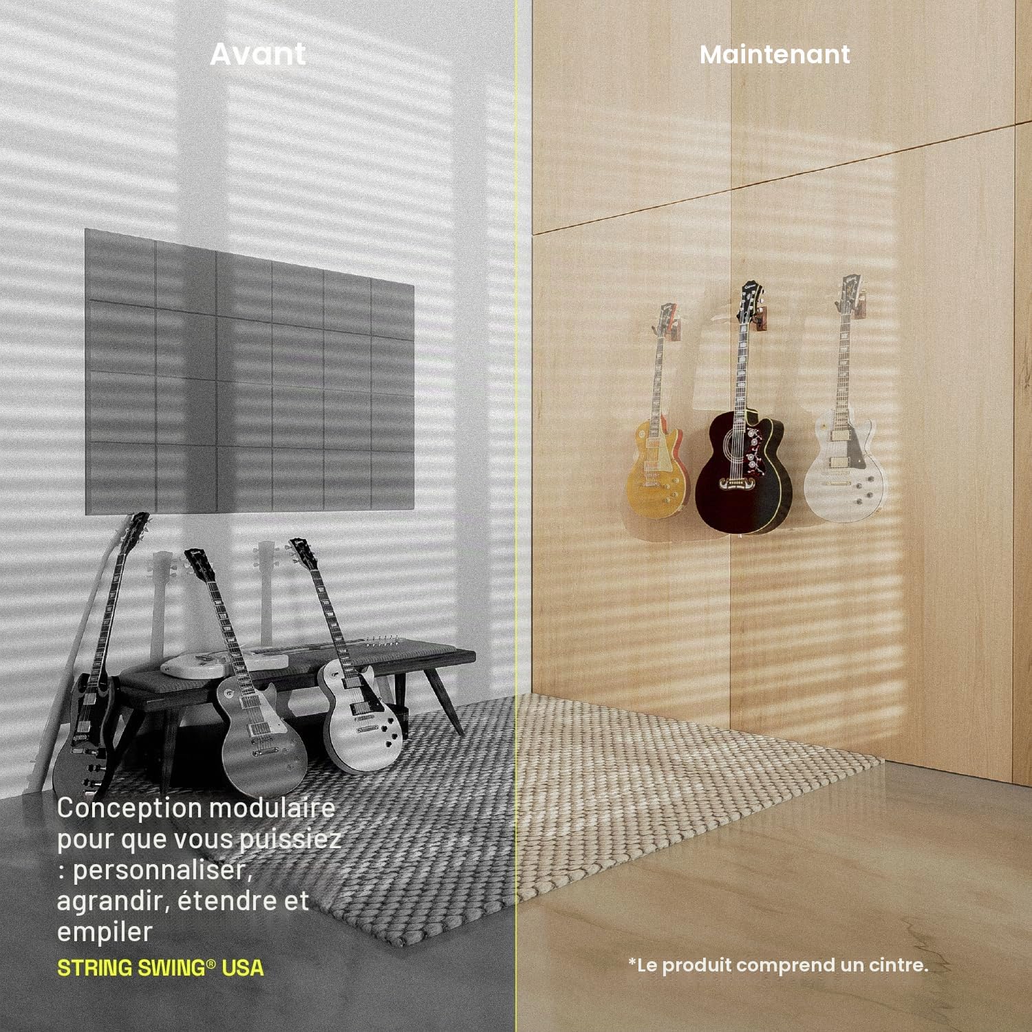 String Swing - CC01K - Support mural pour guitare acoustique ou électrique - Noyer noir