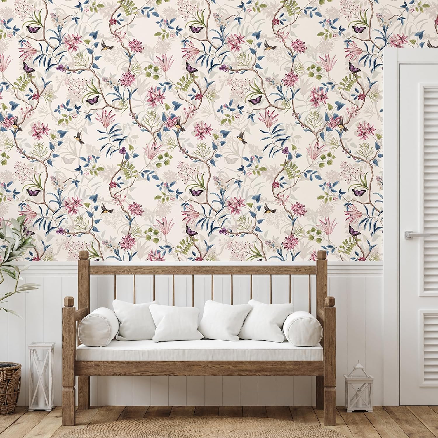 VaryPaper 17.7''x315'' Pink Floral Hummingbird Peel and Stick Wallpaper Vintage Leaf Branch Butterfly Floral Wallpaper for Bedroom Accent Walls Removable Self Adhesive Flower Contact Paper for Cabinet