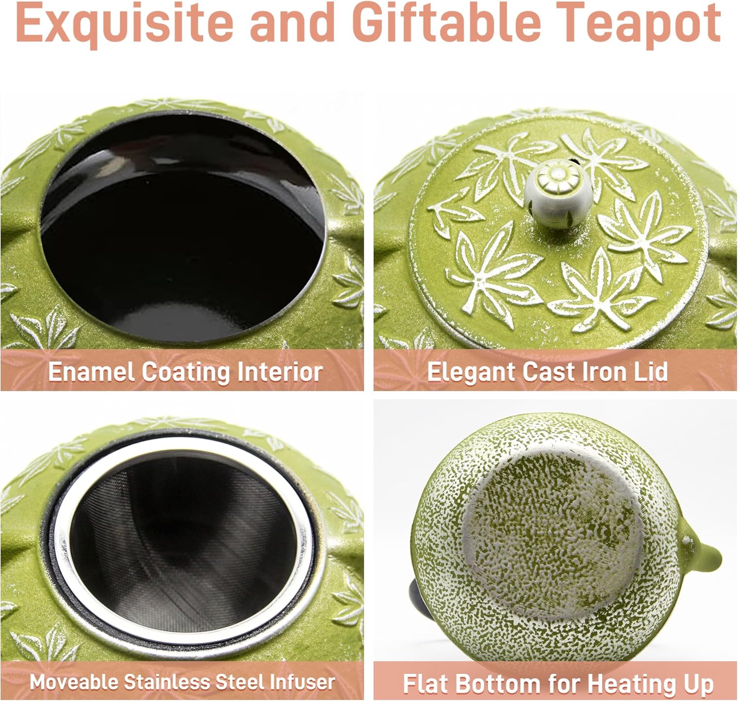 Cast Iron Teapot Tea Kettle with Stainless Steel Infuser for Stovetop Safe Coated with Enameled Interior Japanese Tetsubin with Maple Leaves Pattern(30.4oz/900ml) (Color-2)