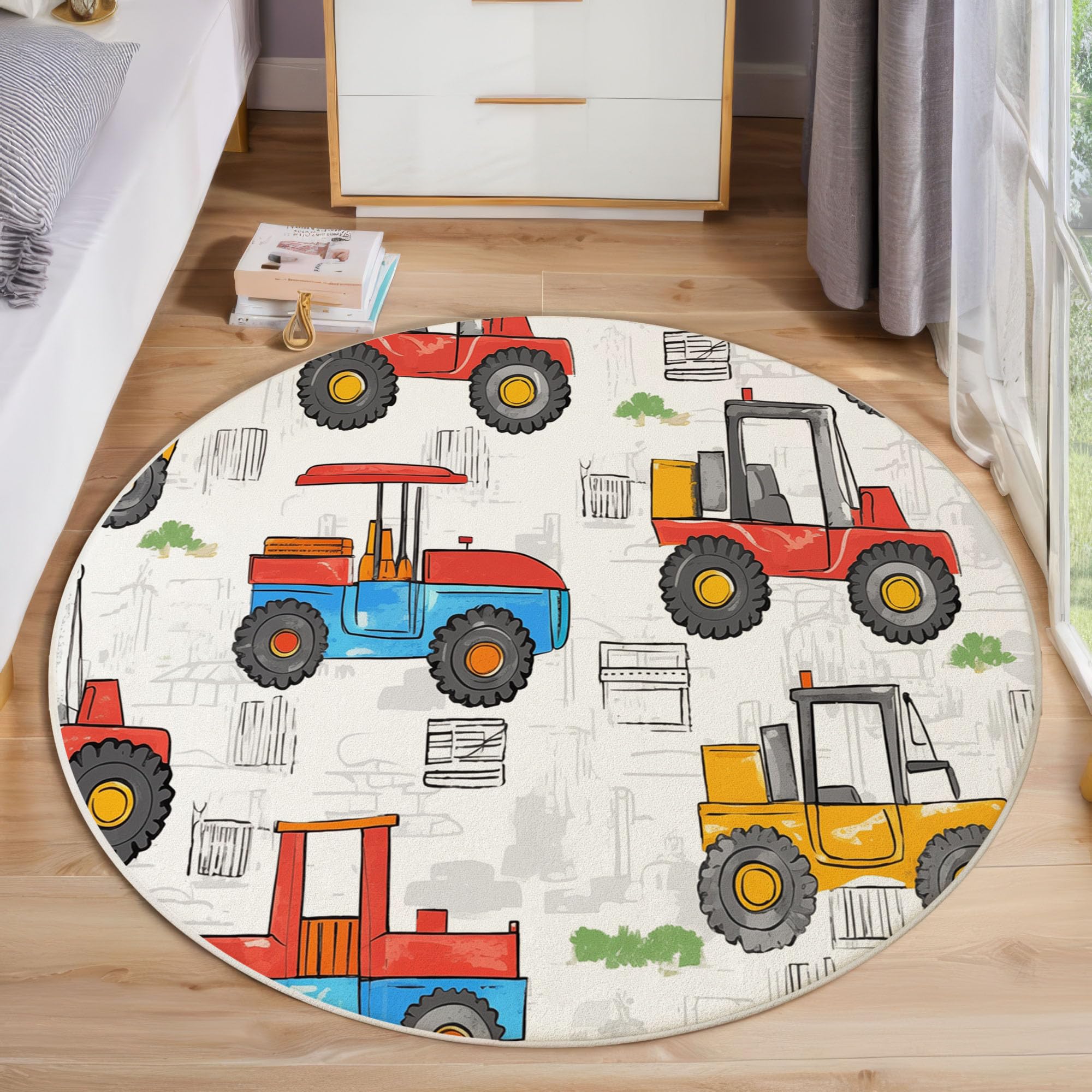 Tappeto Rotondo Giallo Tappeti 100cm Salotto Moderno Lavabile in Antiscivolo cartone animato disegnato a mano Veicoli costruzione carrelli elevatori Carpet Cameretta Scendiletto Pelo Corto