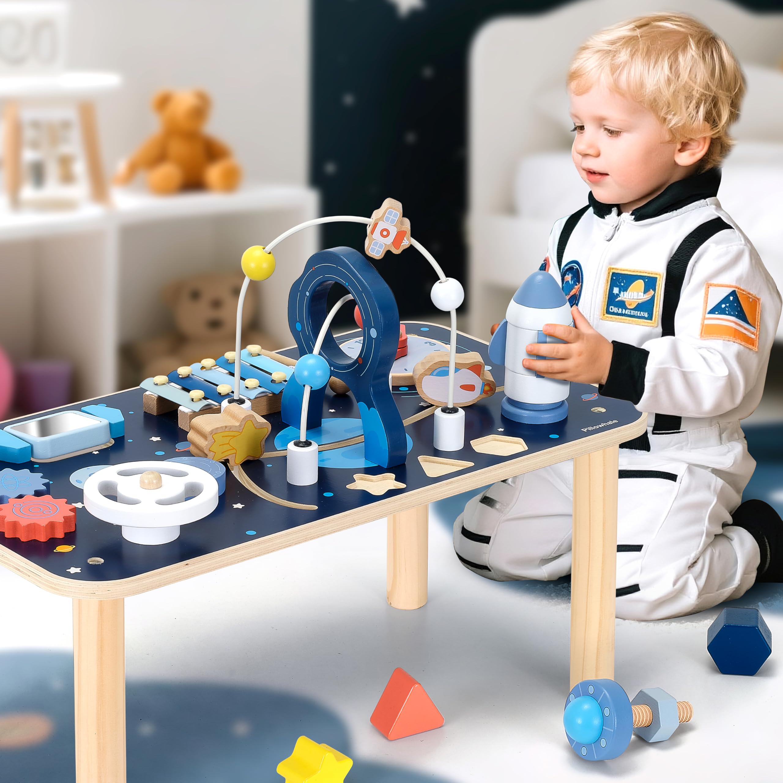 Mesa de actividades de madera 10 en 1 para niños de 1 año | Centro de actividades Montessori para bebés y cubo de juego sensorial con xilófono, bloques de cohetes, laberinto de cuentas 6