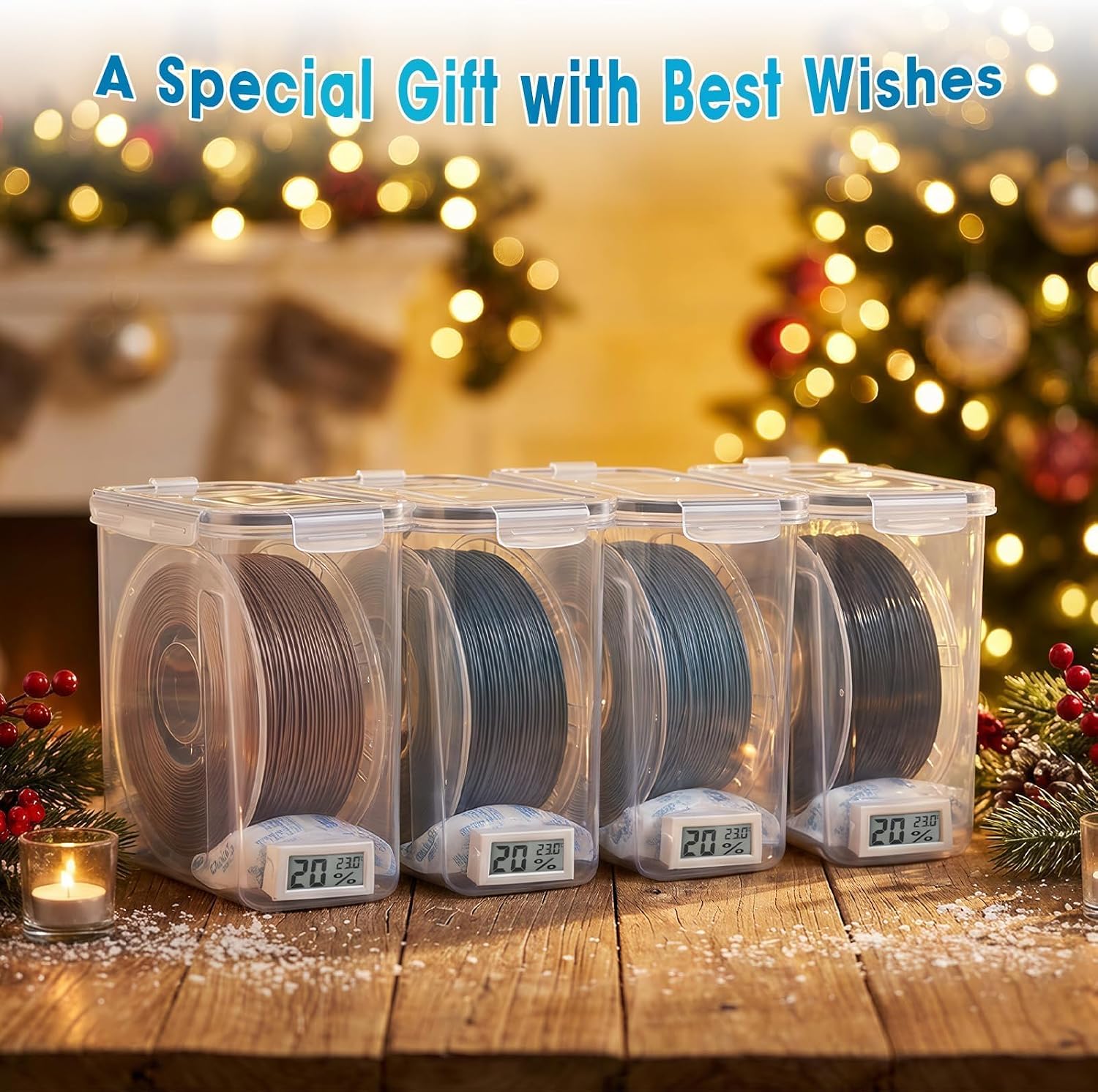 Filament Storage Box - 6 Pack 4L 3D Printer Filament Containers with 6 Hygrometers, Airtight Dry Boxes for Sealing and Protection, Water-Proof & Dust-Proof, Reusable Desiccant, Tube Cutter