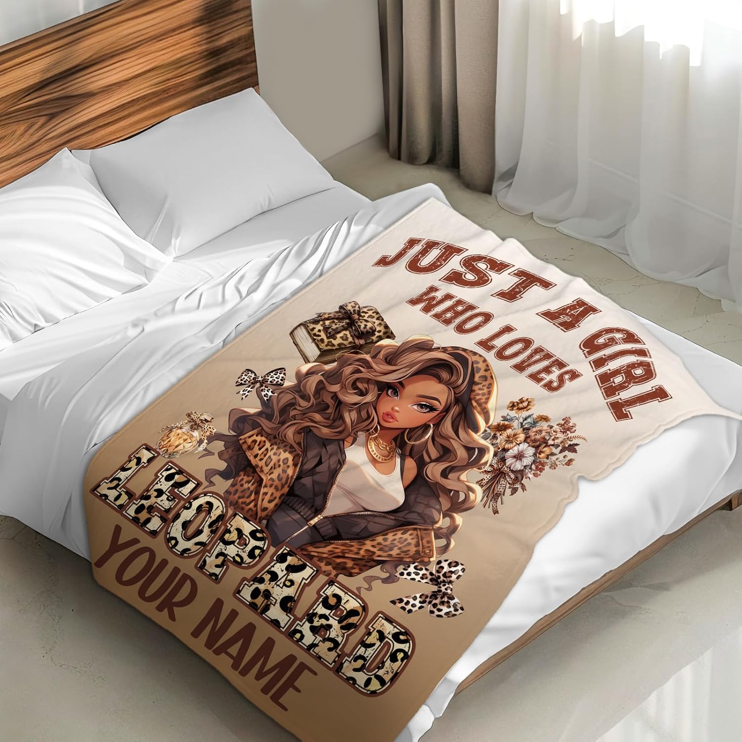 Personalized African American Girl Throw Blankets, 60x80 Inches Cute Blanket Gifts for Women Leopard Lovers, Soft Fuzzy Blankets Decor for Home Sofa Couch Bed