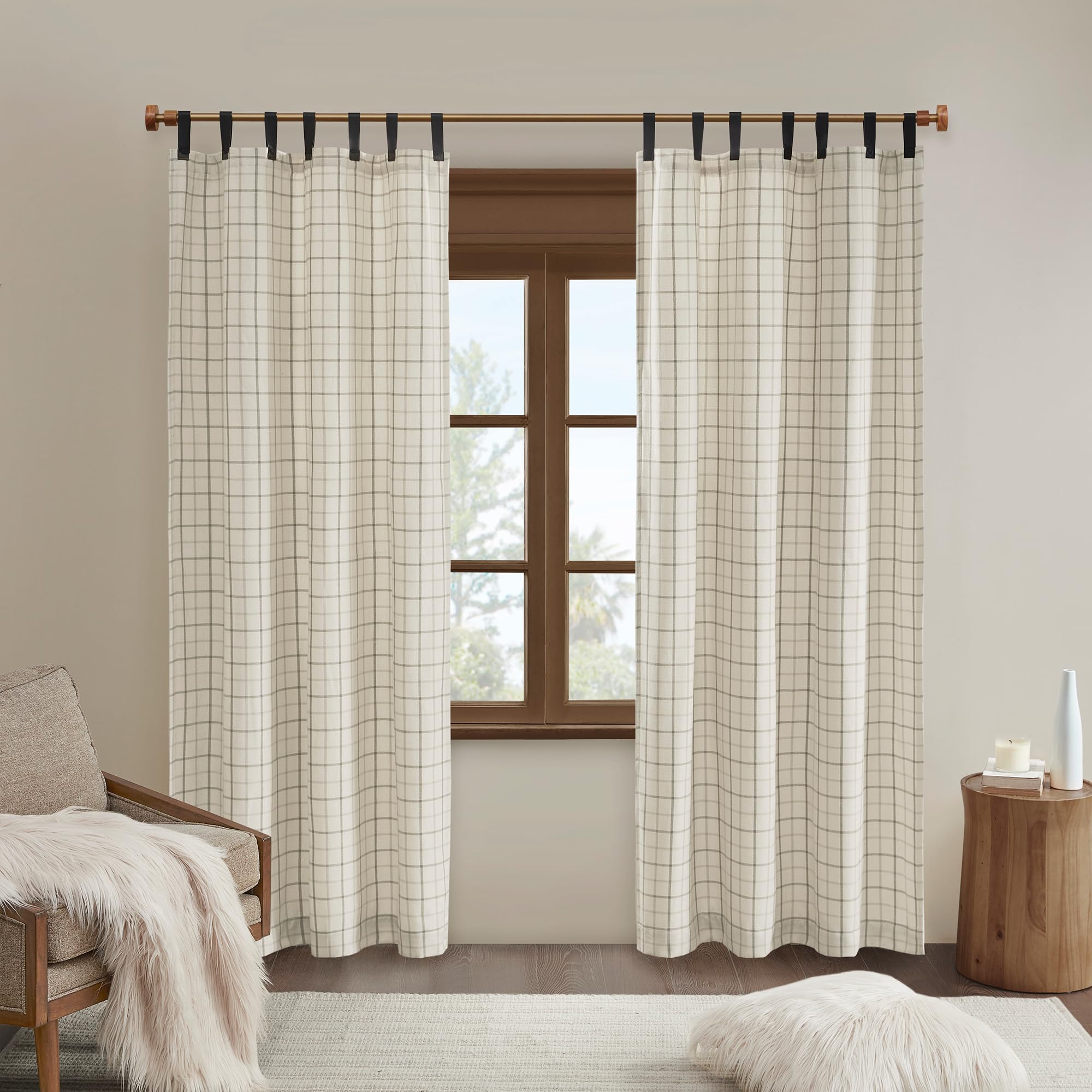Madison Park Anaheim Cabin Plaid Curtain Window, Thermal Insulated Fleece Lining, Living Room Decor Room Darkening Drape for Bedroom, 1-Single Panel Pack, 50" x 84", Faux Leather Tab, Natural
