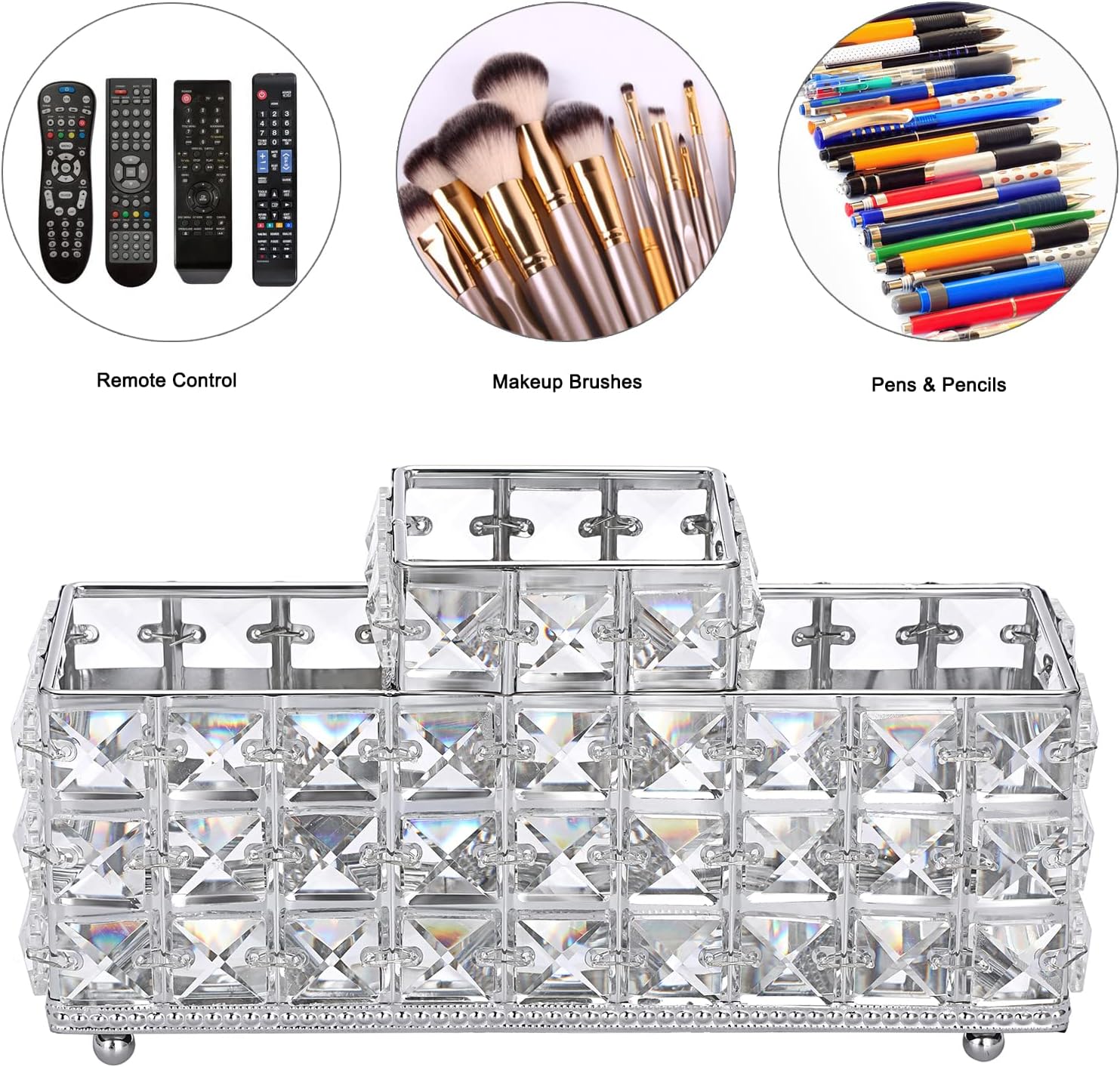 Hipiwe Crystal Remote Control Holder Bling Makeup Brush Holder Organizer Desktop Cosmetics Brushes Storage Cup Pen Pencil Storage Pot Cup for Dresser Bathroom Office, 3 Slot