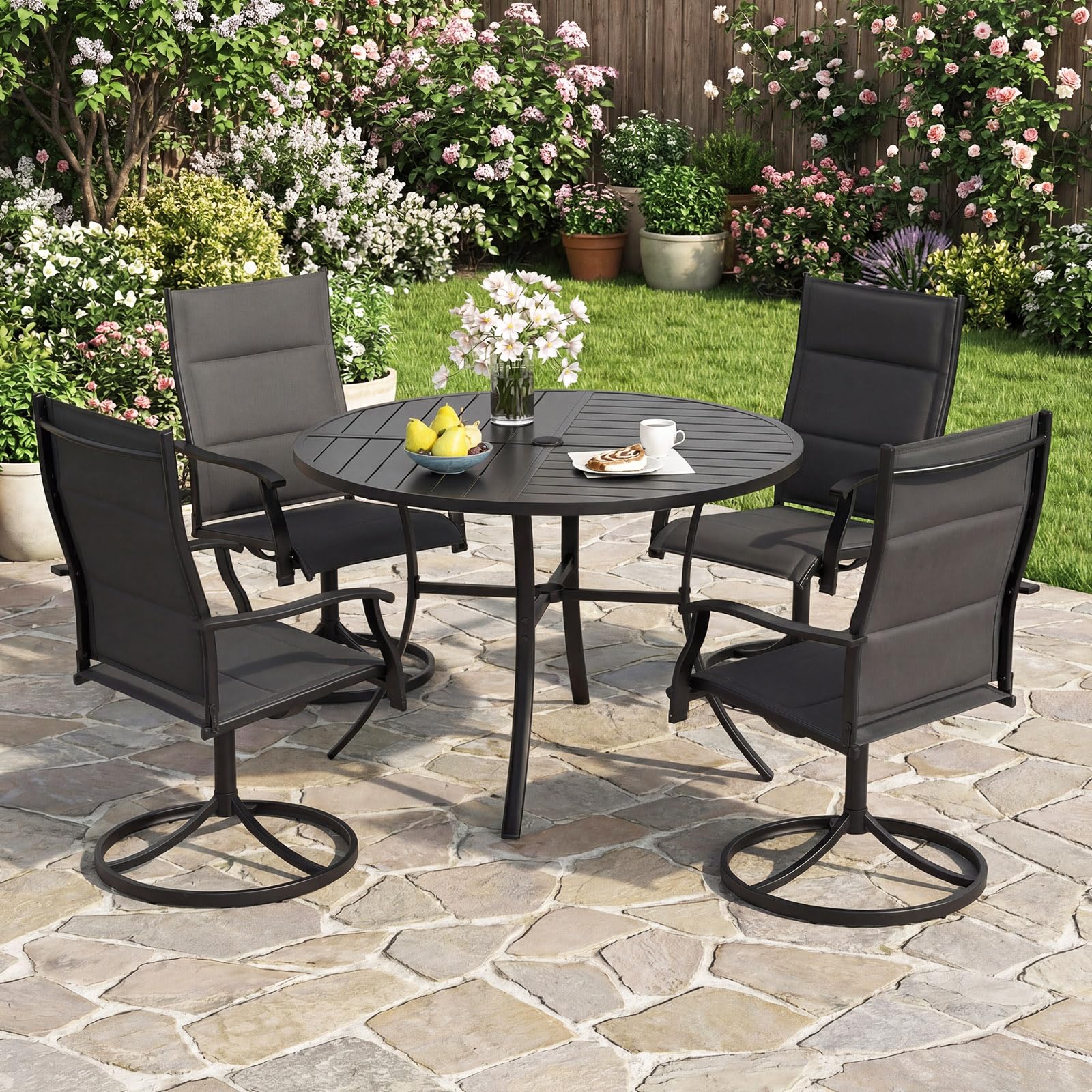 COSTWAY Gartentisch Metall, 108x108cm, wetterfester Terrassentisch mit Schirmloch, runder Balkontisch für 4 Personen, Outdoor-Esstisch für Garten, Terrasse, Balkon, Schwarz